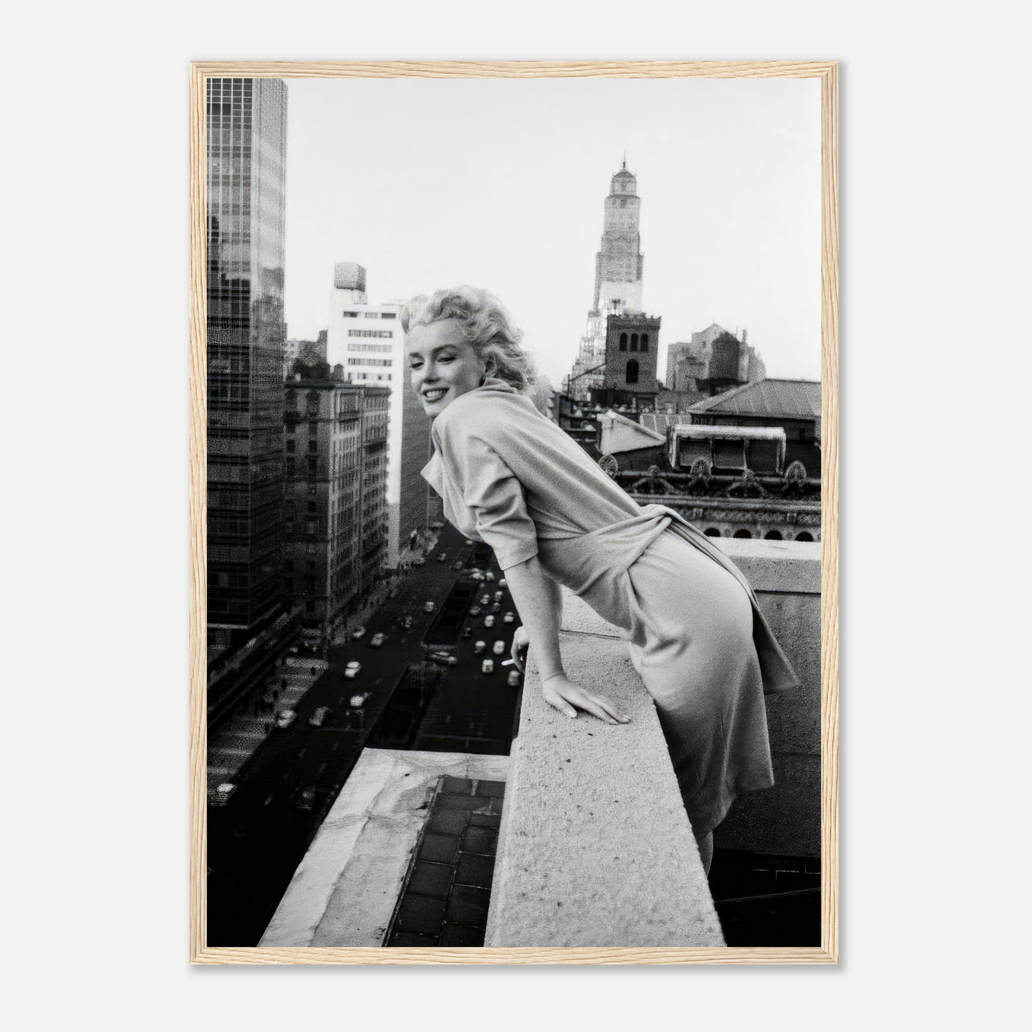 Marilyn Monroe framed print on NYC rooftop, classic black-and-white photo capturing her elegance and charm in 1950s.