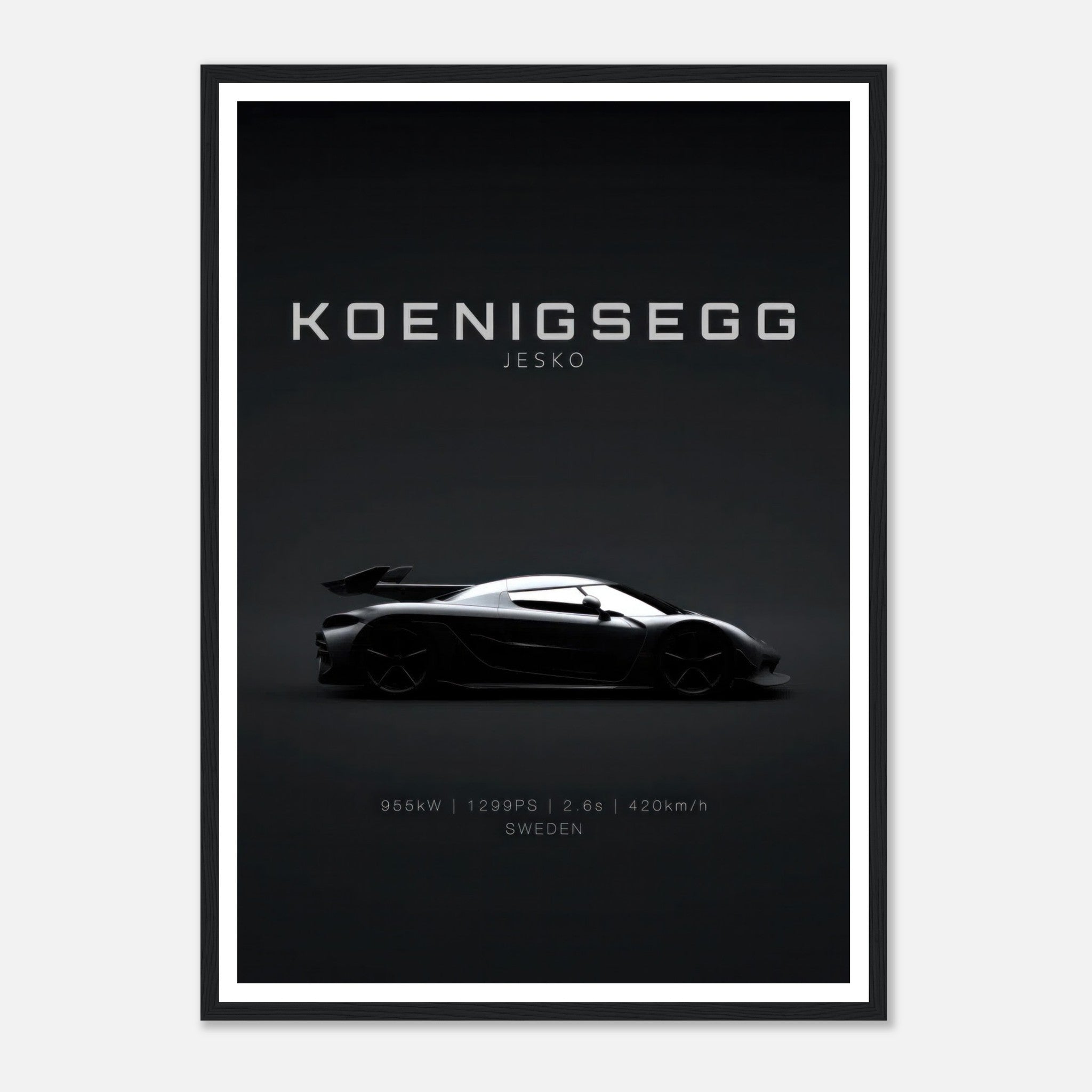 Koenigsegg Jesko framed poster showcasing sleek silhouette on black background, celebrating automotive engineering.