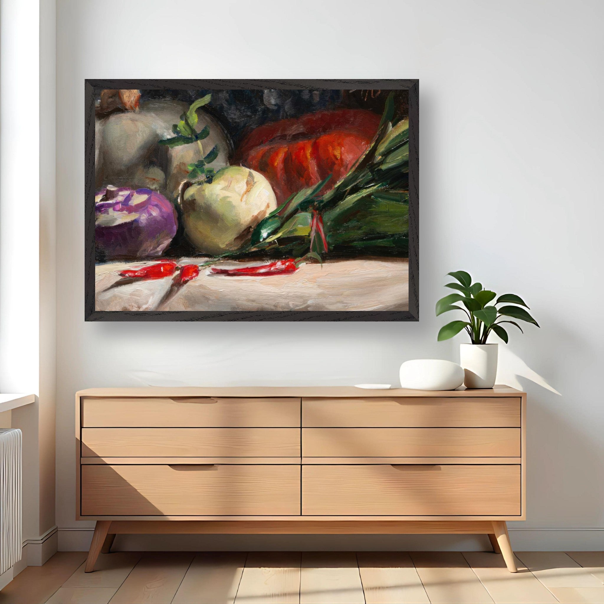 Oil painting of kohlrabi, pumpkins, and chilis in a rustic kitchen setting, showcasing vibrant colors and textures.