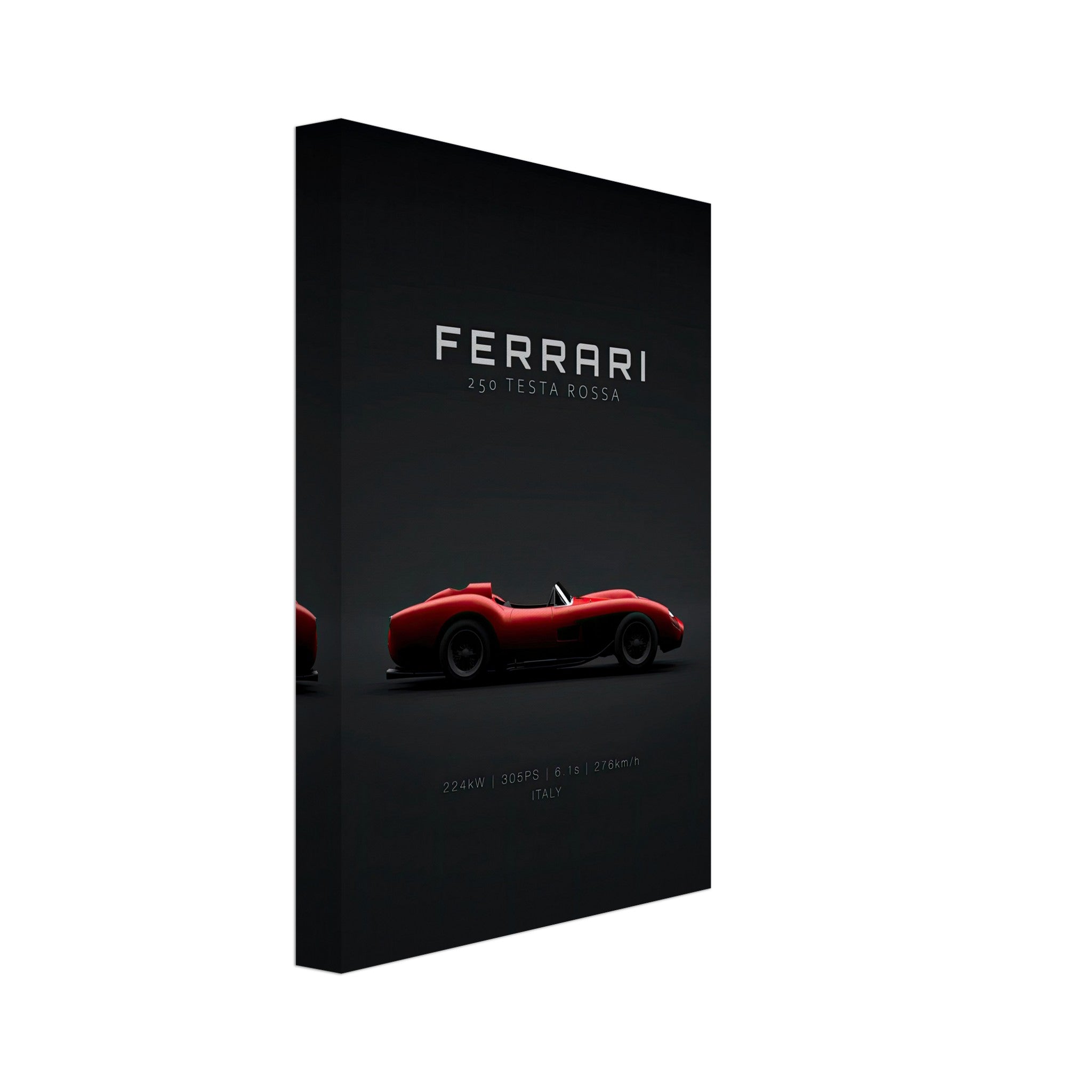 Ferrari 250 Testa Rossa canvas artwork featuring a vibrant red sports car on a black background.