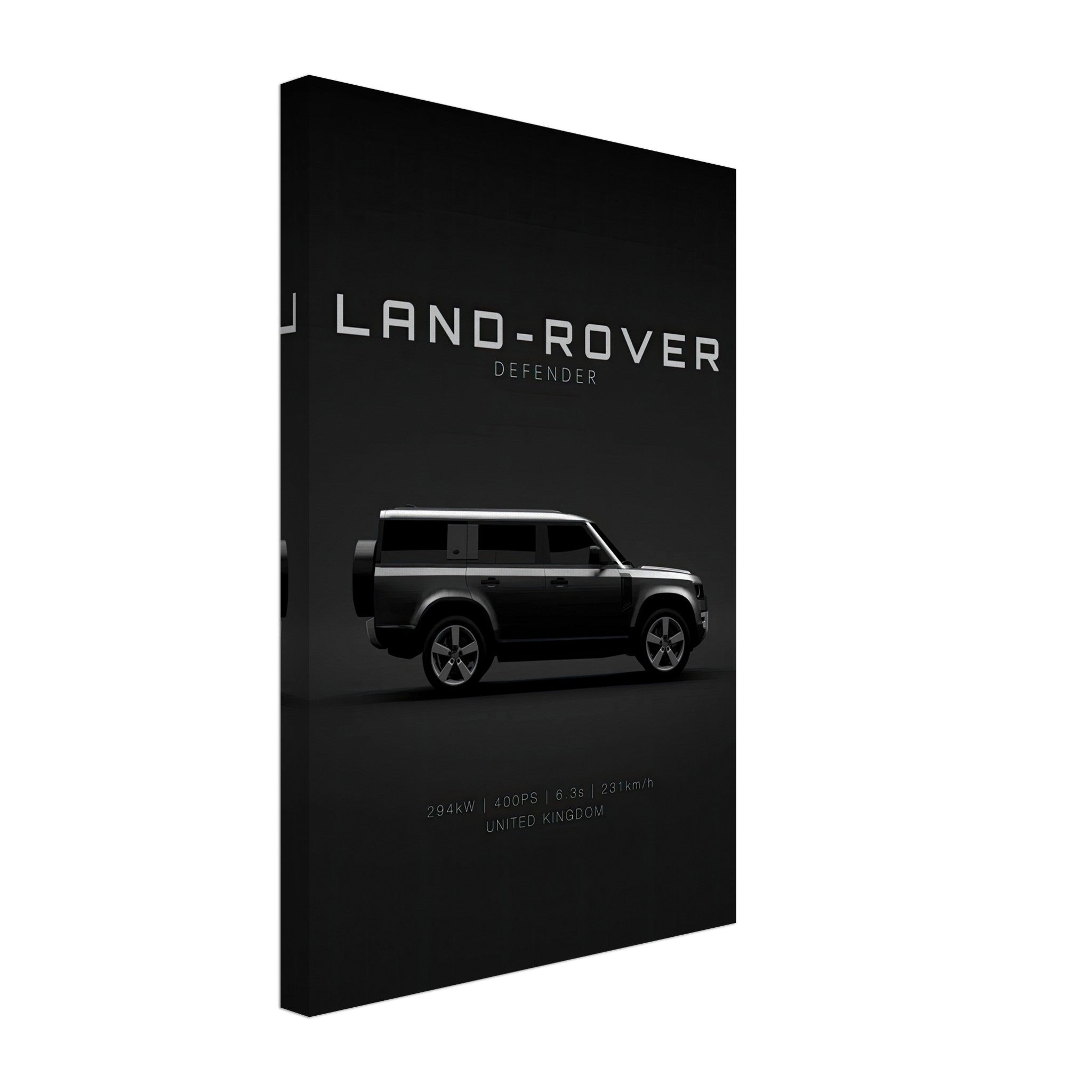 Land Rover Defender canvas art showcasing a side profile against a minimalist black background.