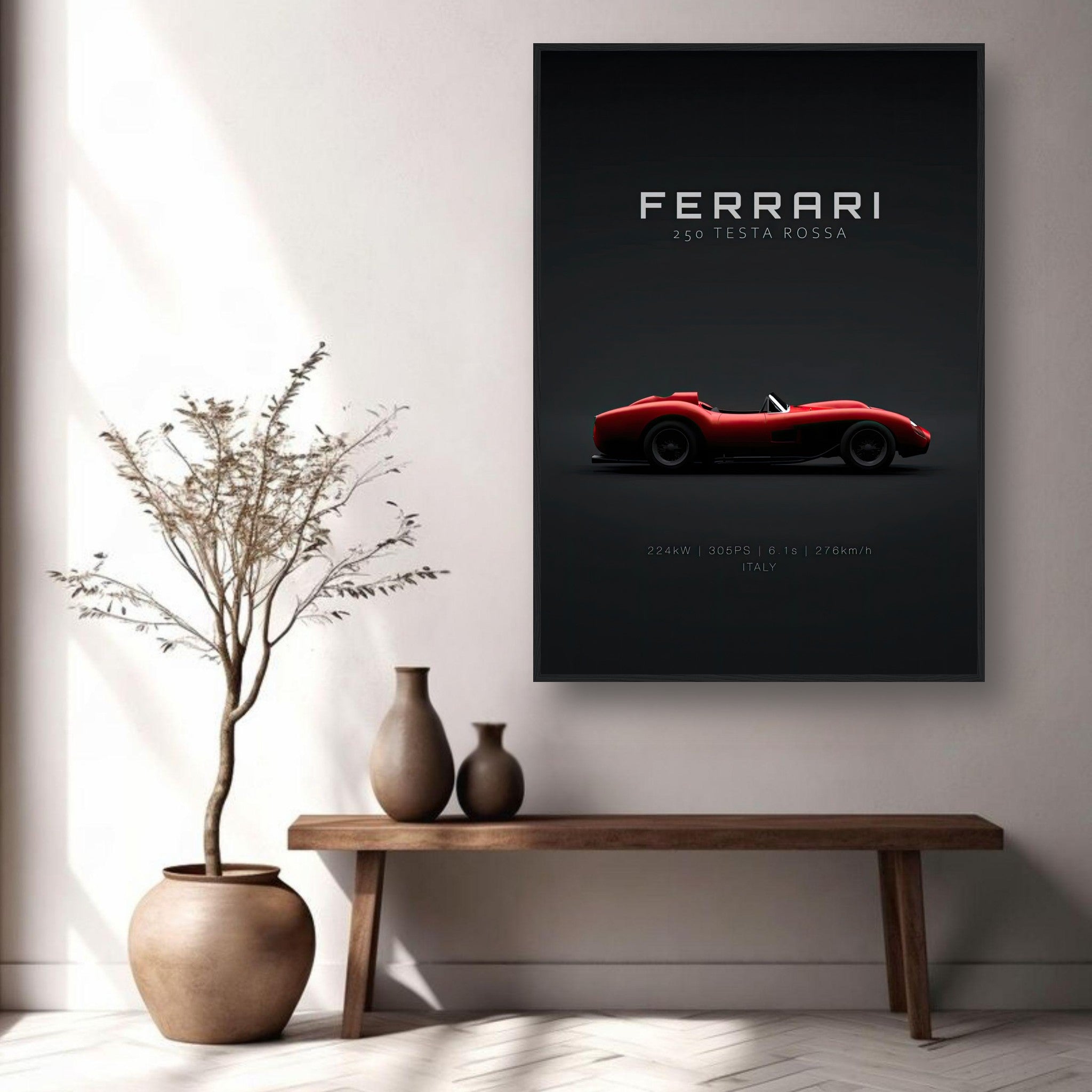 Ferrari 250 Testa Rossa framed poster displayed in modern interior with minimalist decor and plant.