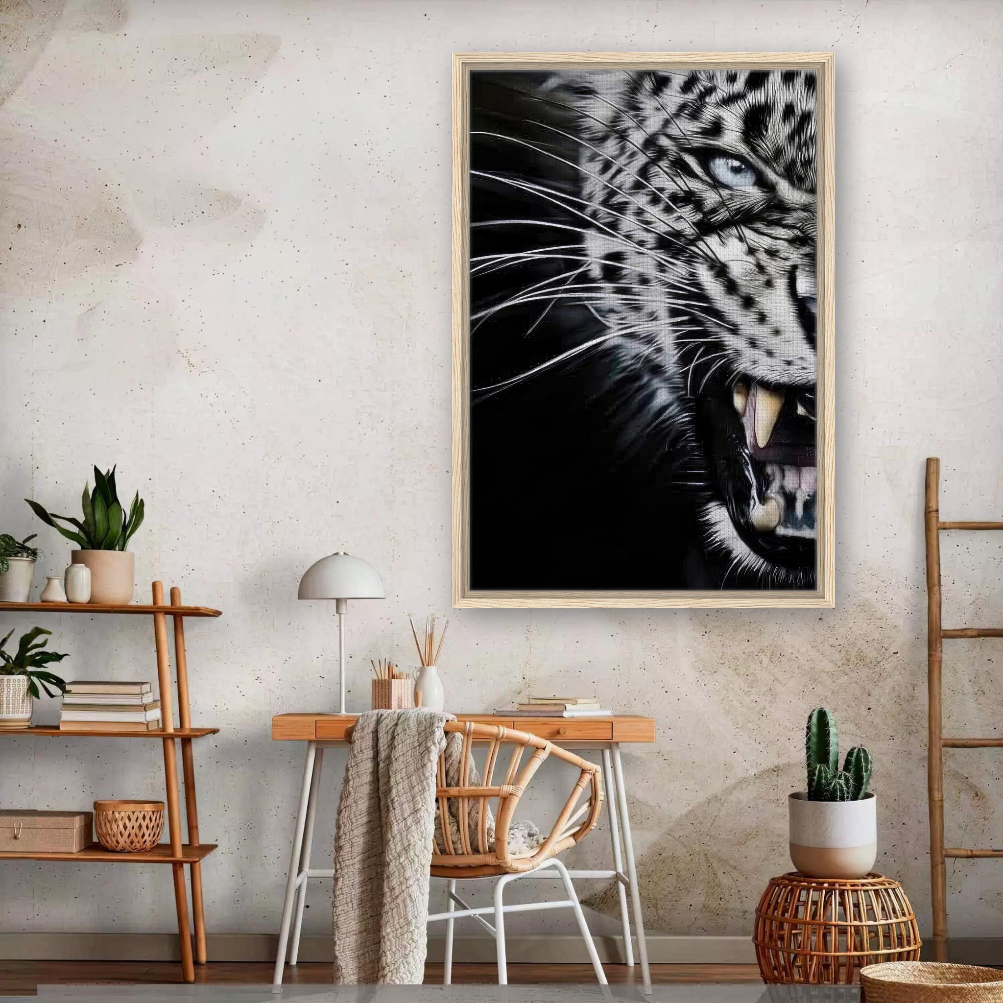 Leopard close-up portrait framed canvas print showcasing fierce gaze and detailed features in a stylish interior setting.