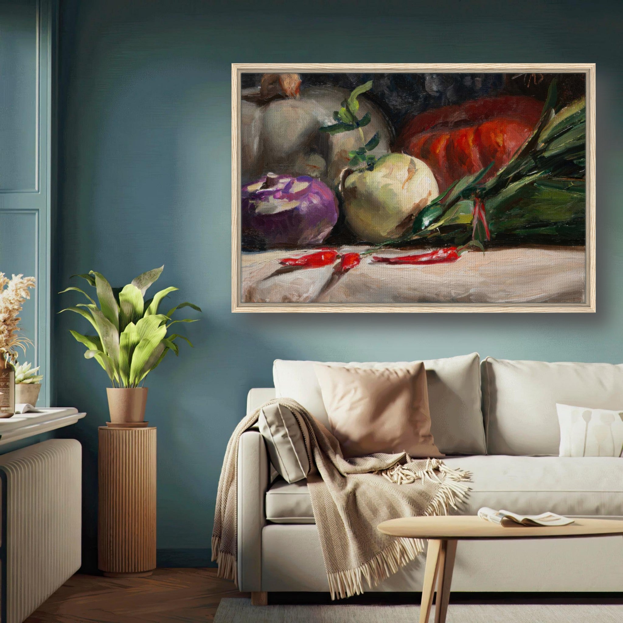 Kohlrabi, pumpkins, and chilis framed canvas print in a cozy kitchen setting.