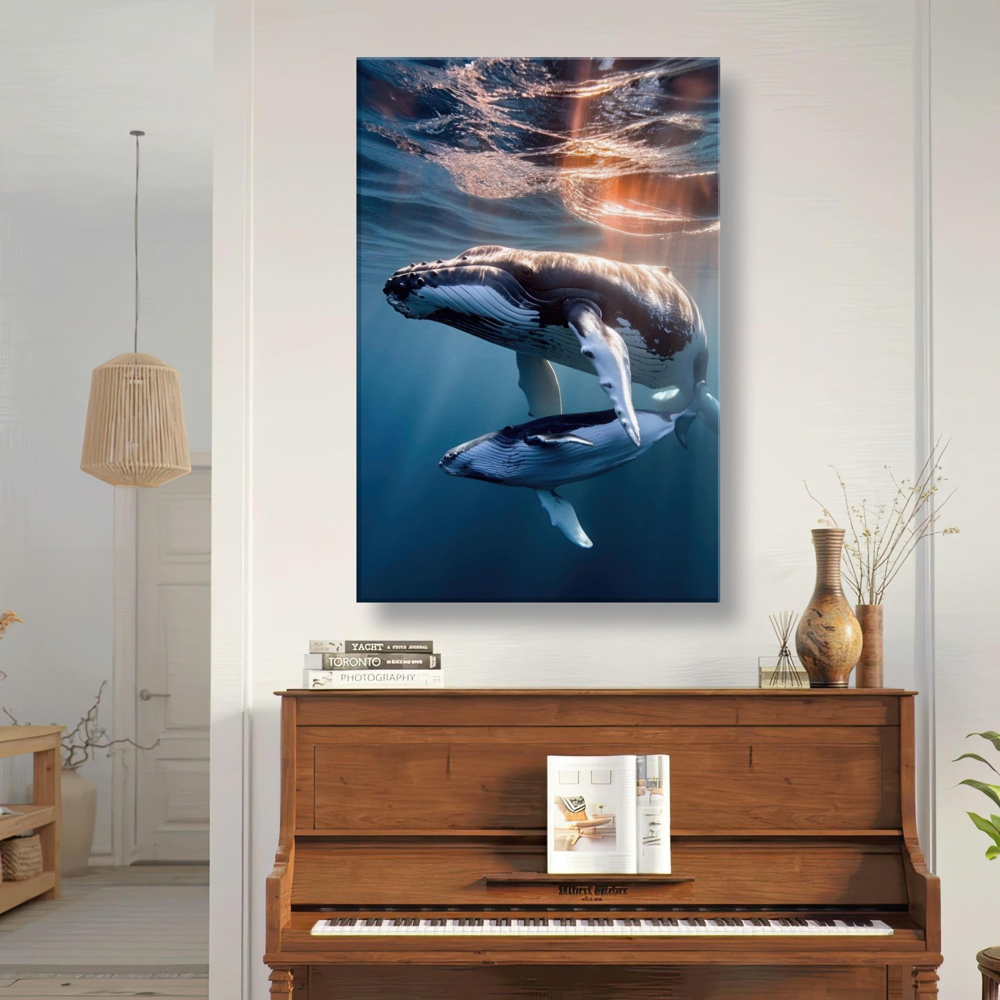 Canvas print of a mother humpback whale and calf swimming underwater in serene blue tones.