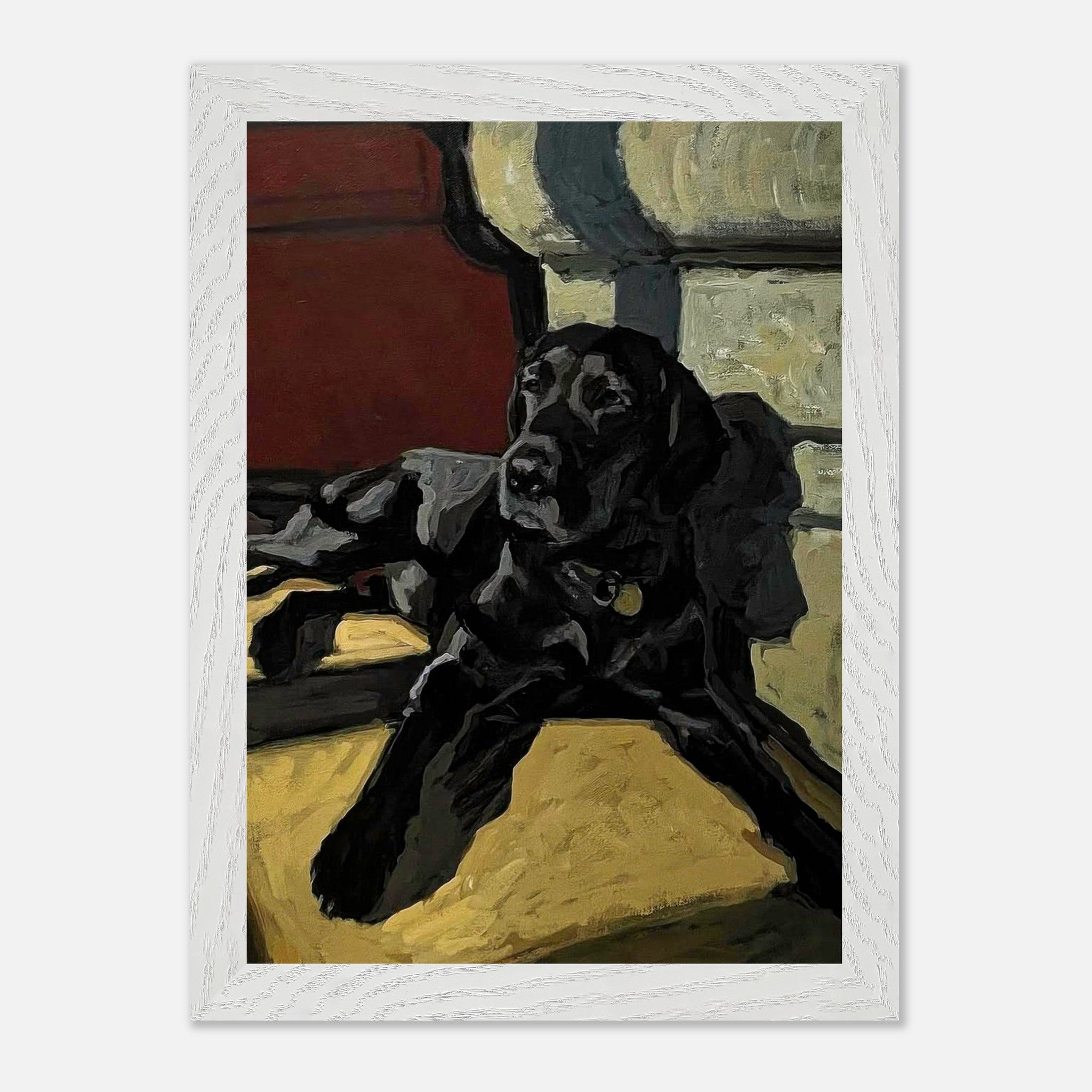 Black Labrador Dog Painting in a vintage white framed print, showcasing a loyal dog basking in warm light.