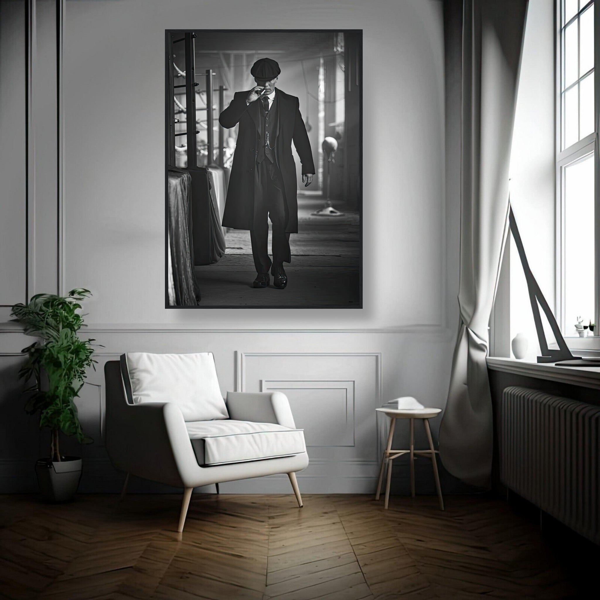 Tommy Shelby framed print in stylish living room, showcasing iconic 1920s Birmingham aesthetic from Peaky Blinders.