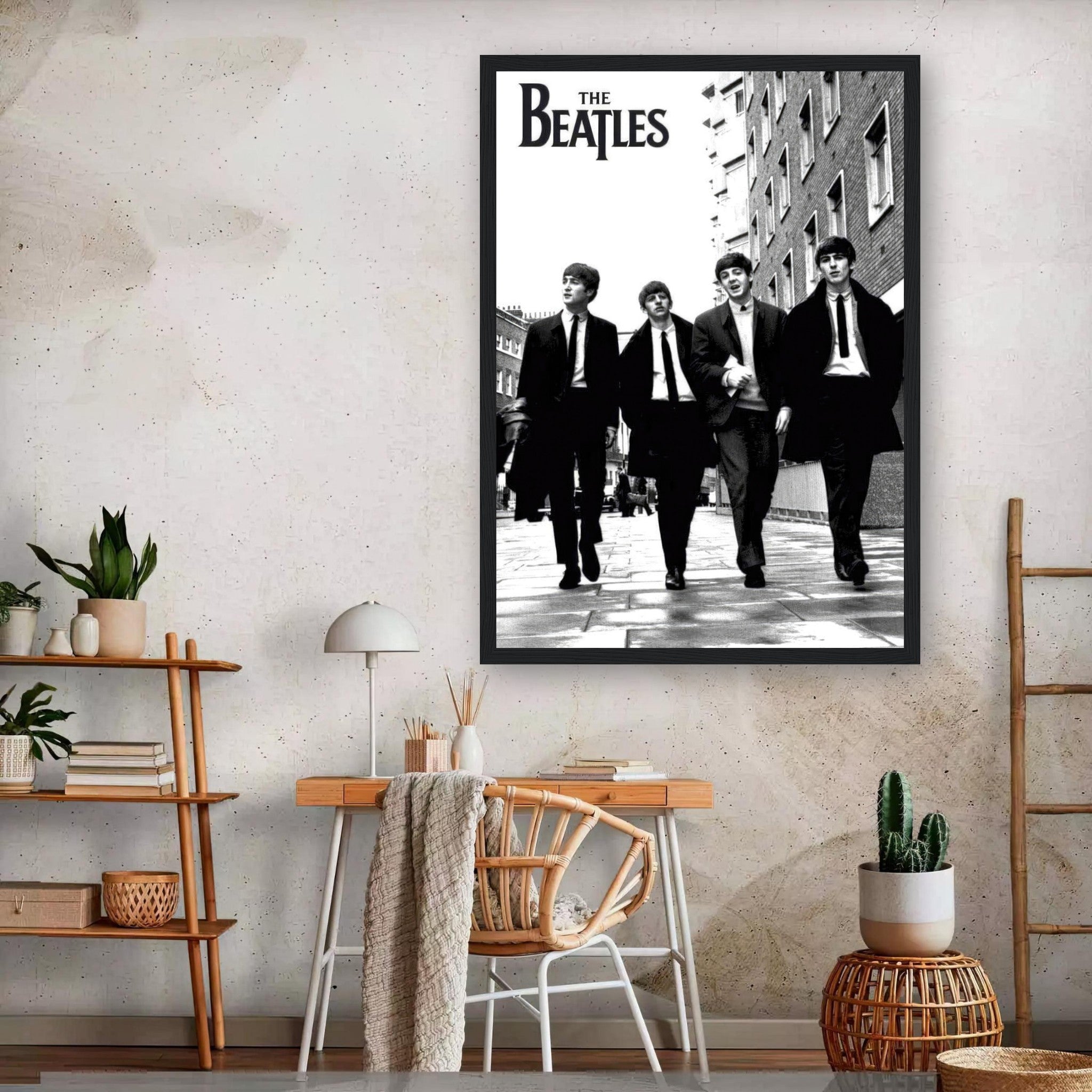 Framed print of The Beatles walking down the street, stylish black and white decor for music lovers.