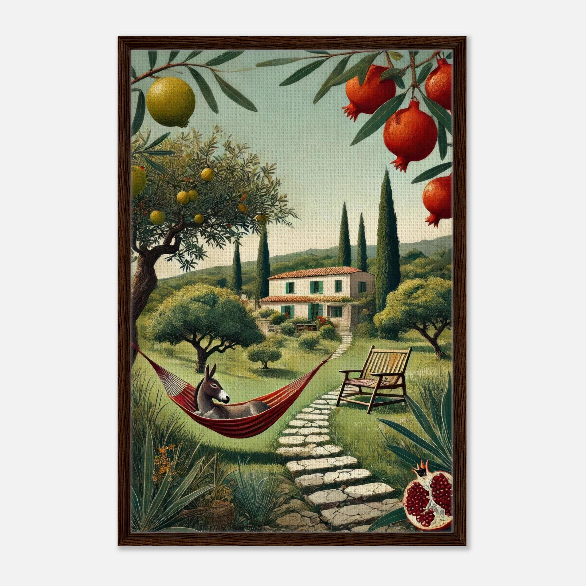 Framed canvas print of a Mediterranean landscape with a donkey, olive trees, and a charming farmhouse.