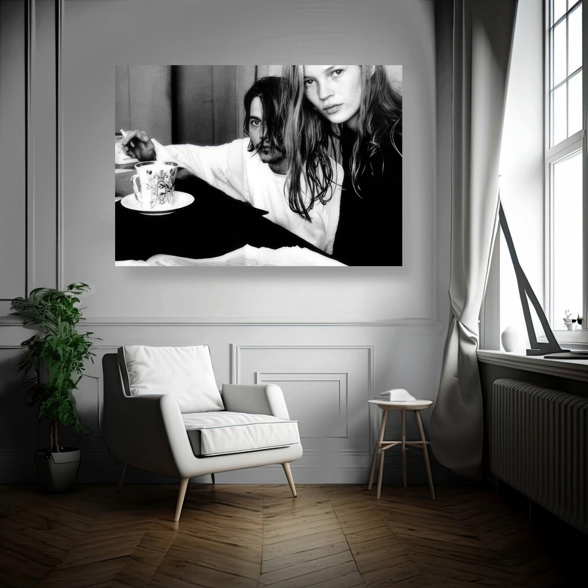 Black-and-white metal print of Johnny Depp and Kate Moss capturing '90s romance and style.