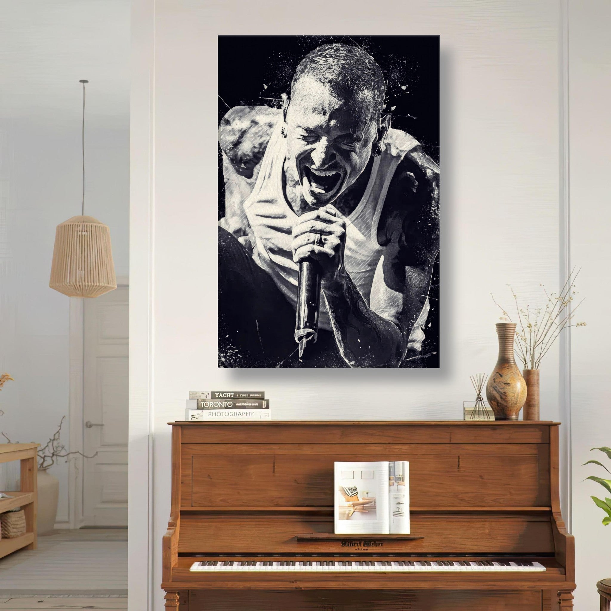 Chester Bennington canvas print showcasing raw emotion and energy of Linkin Park's legendary frontman in black-and-white.