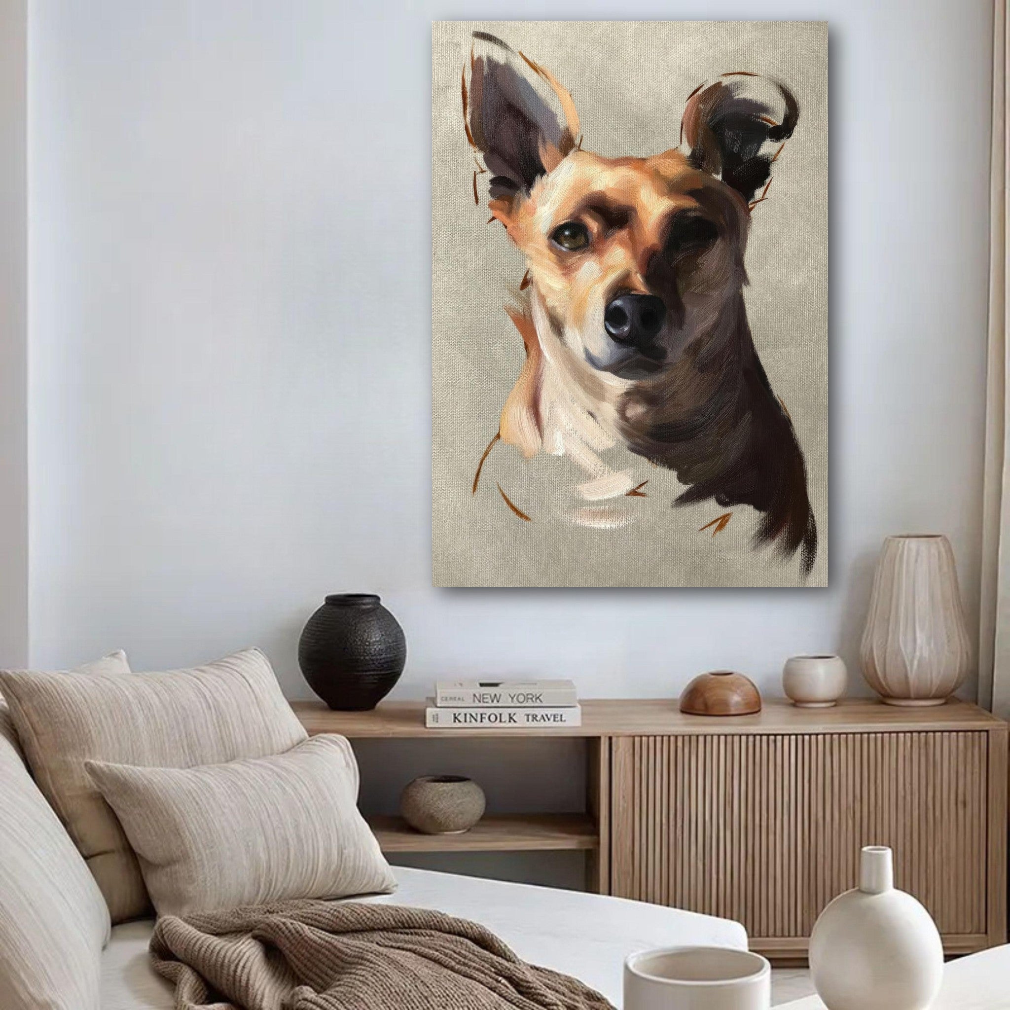 Chihuahua dog painting poster displayed in a modern living room, showcasing the artwork's detailed expression and warm colors.