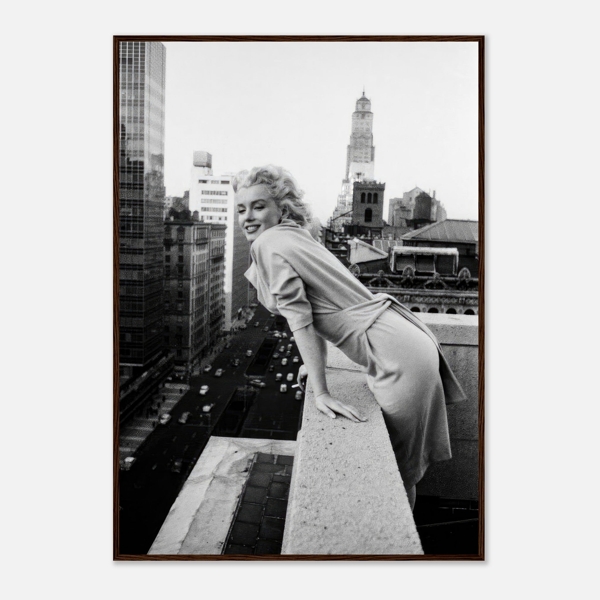 Marilyn Monroe smiling on a rooftop in 1950s New York, framed black-and-white print, urban elegance.