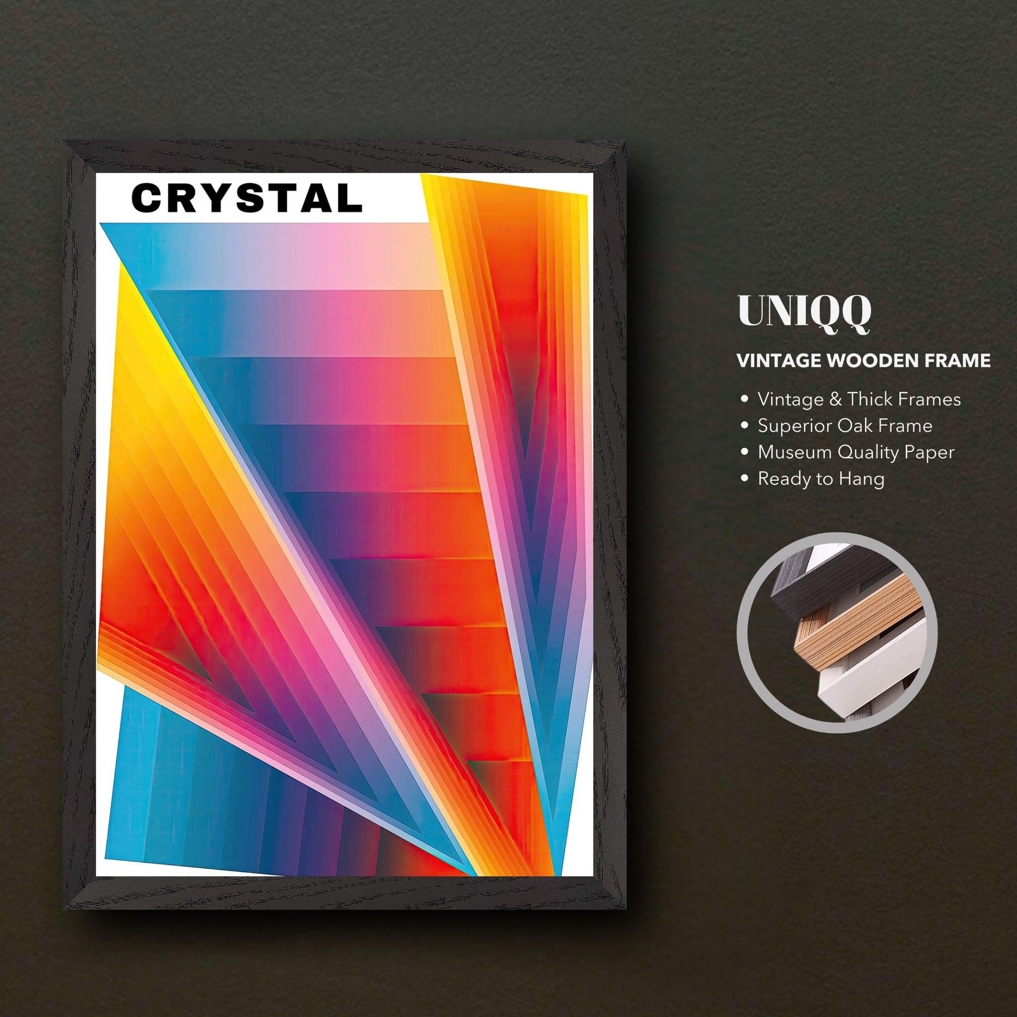 Crystal Abstract Art in vintage wooden frame with bold colors and geometric patterns, ready to hang.