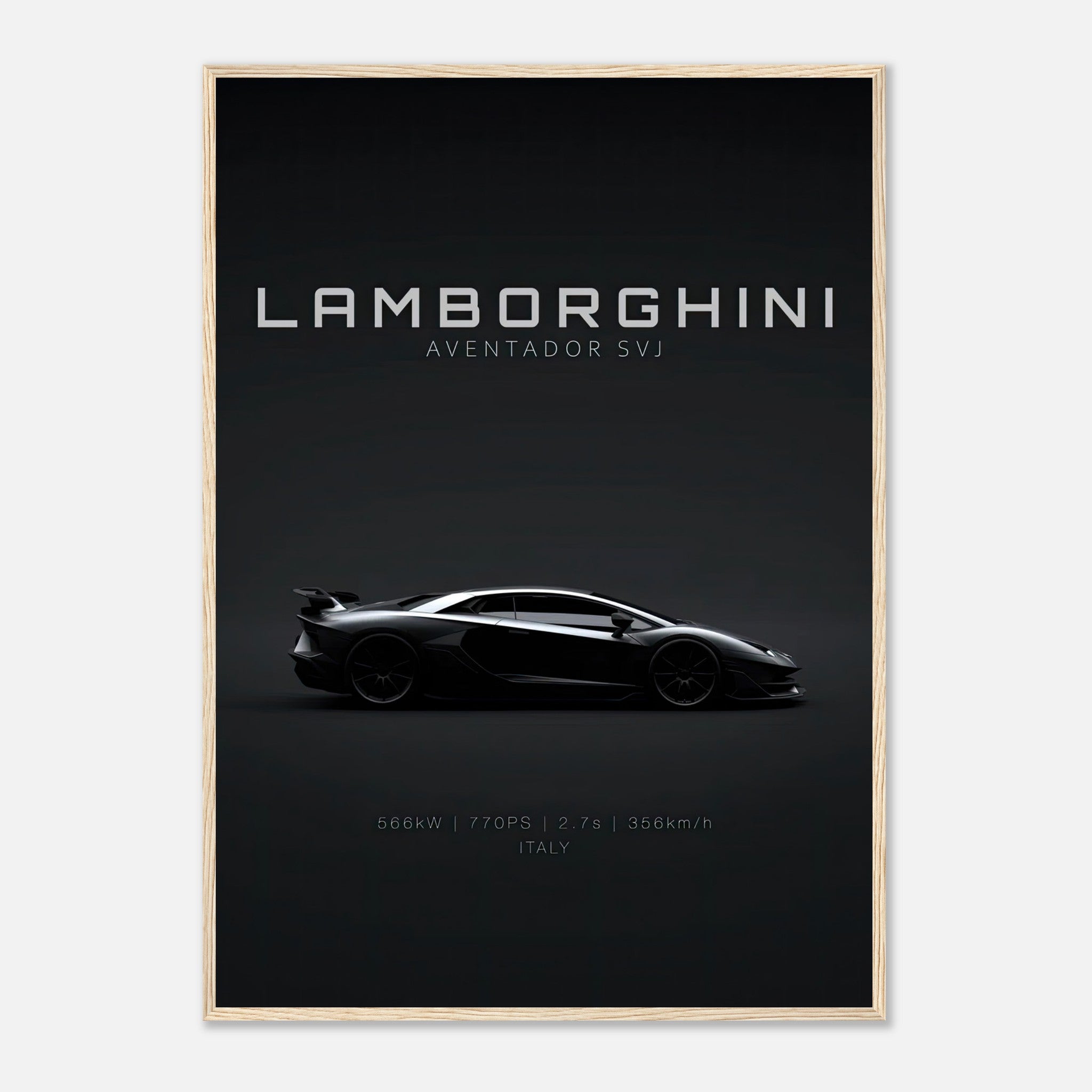 Lamborghini Aventador SVJ framed poster showcasing sleek design and performance specifications.