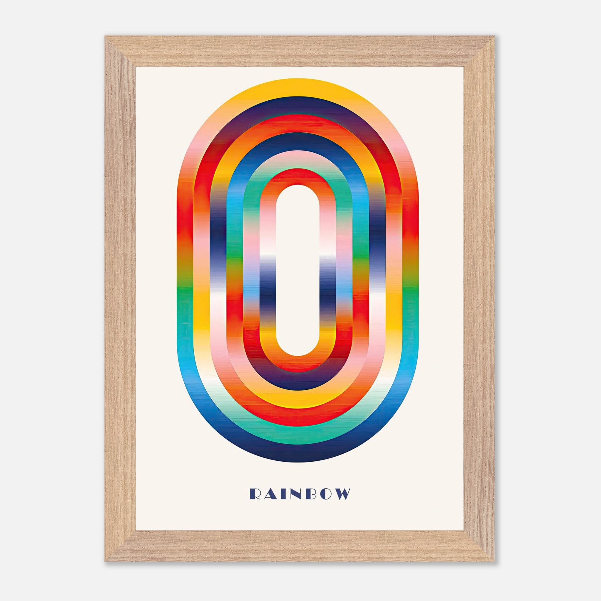 Abstract rainbow geometric art print with vibrant colors and vintage frame, perfect for modern home decor.