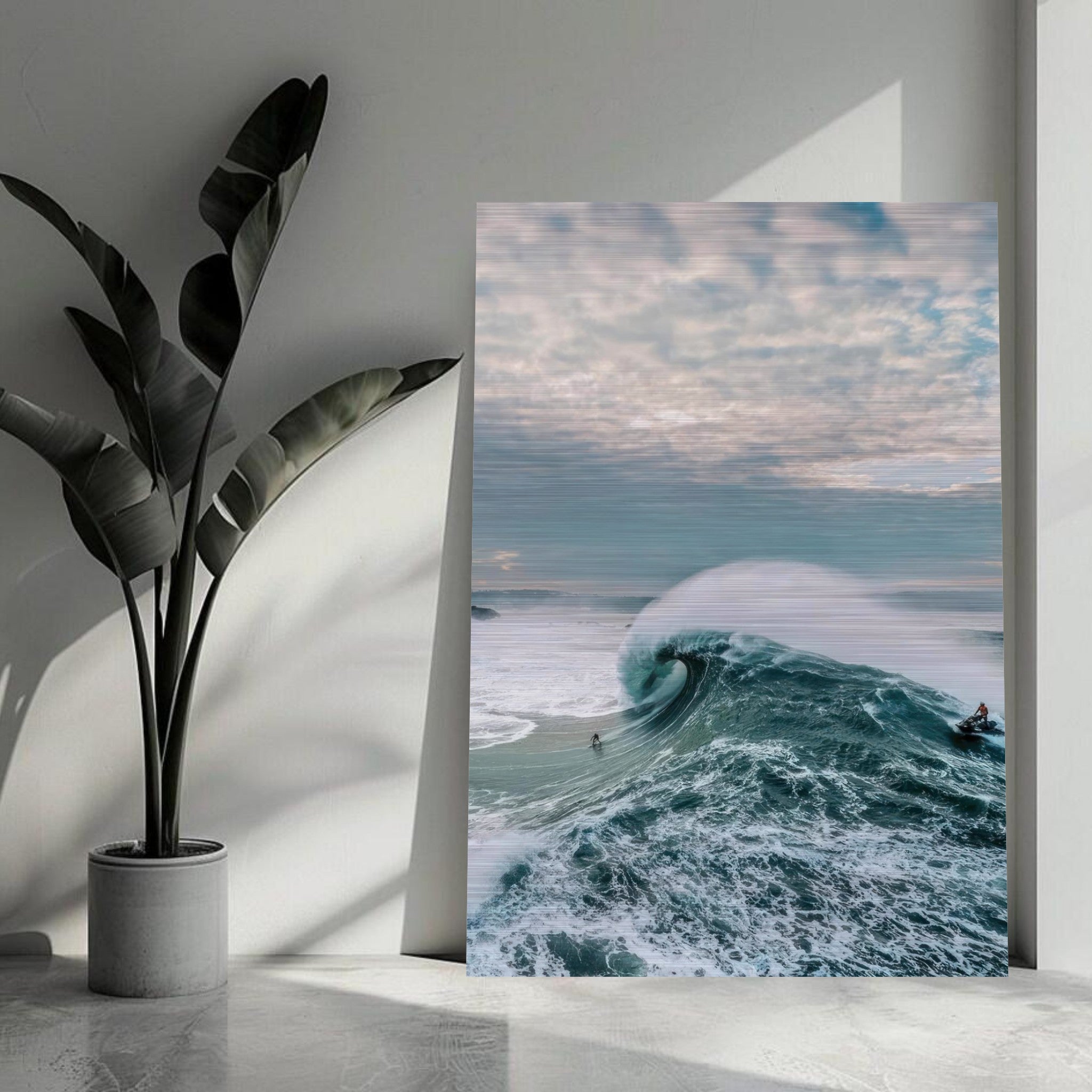 Big Wave Surfing Brushed Metal Print featuring a surfer riding a massive wave in a serene coastal setting.