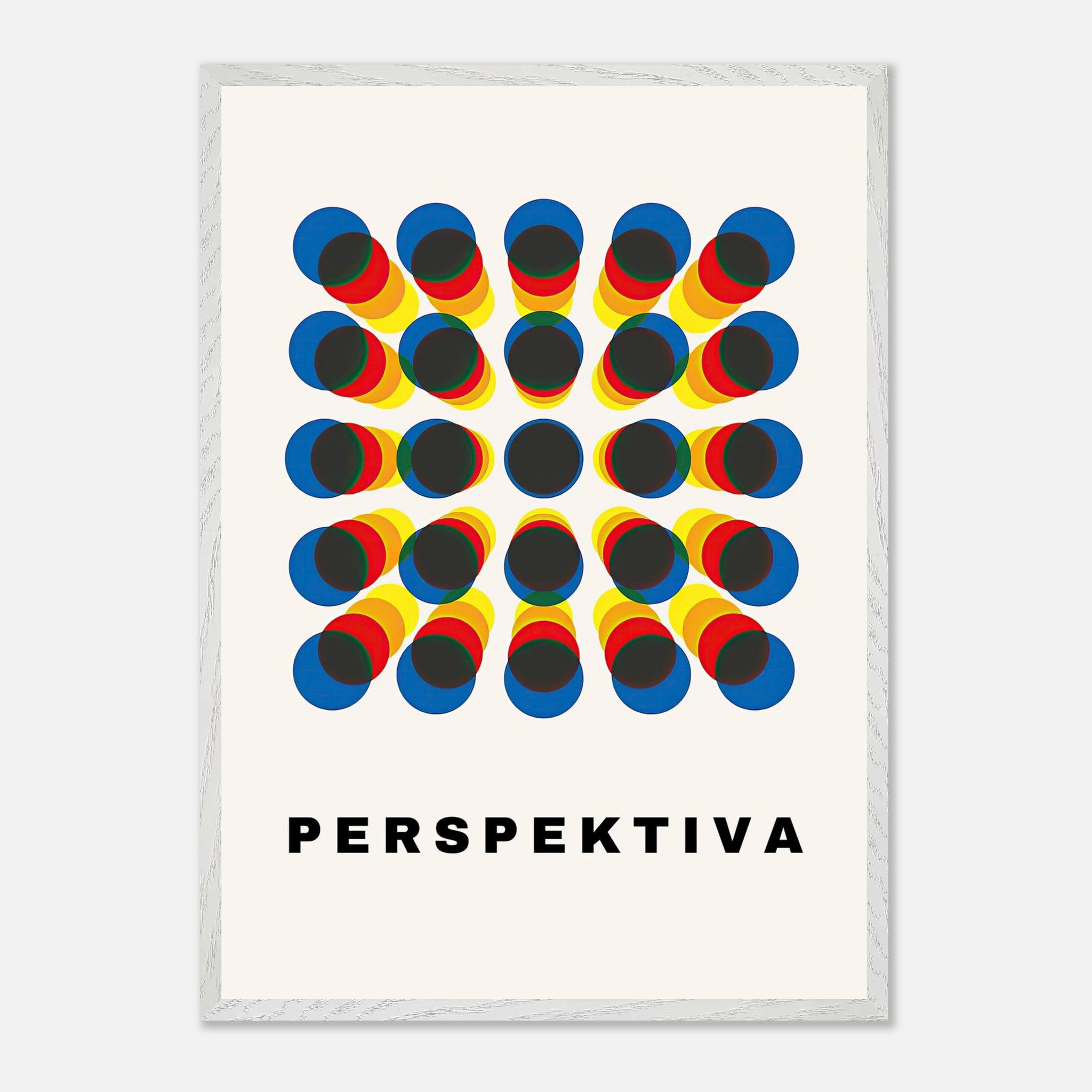 Perspective Abstract Art featuring vibrant blue, yellow, and red circles, emphasizing modern geometric design.