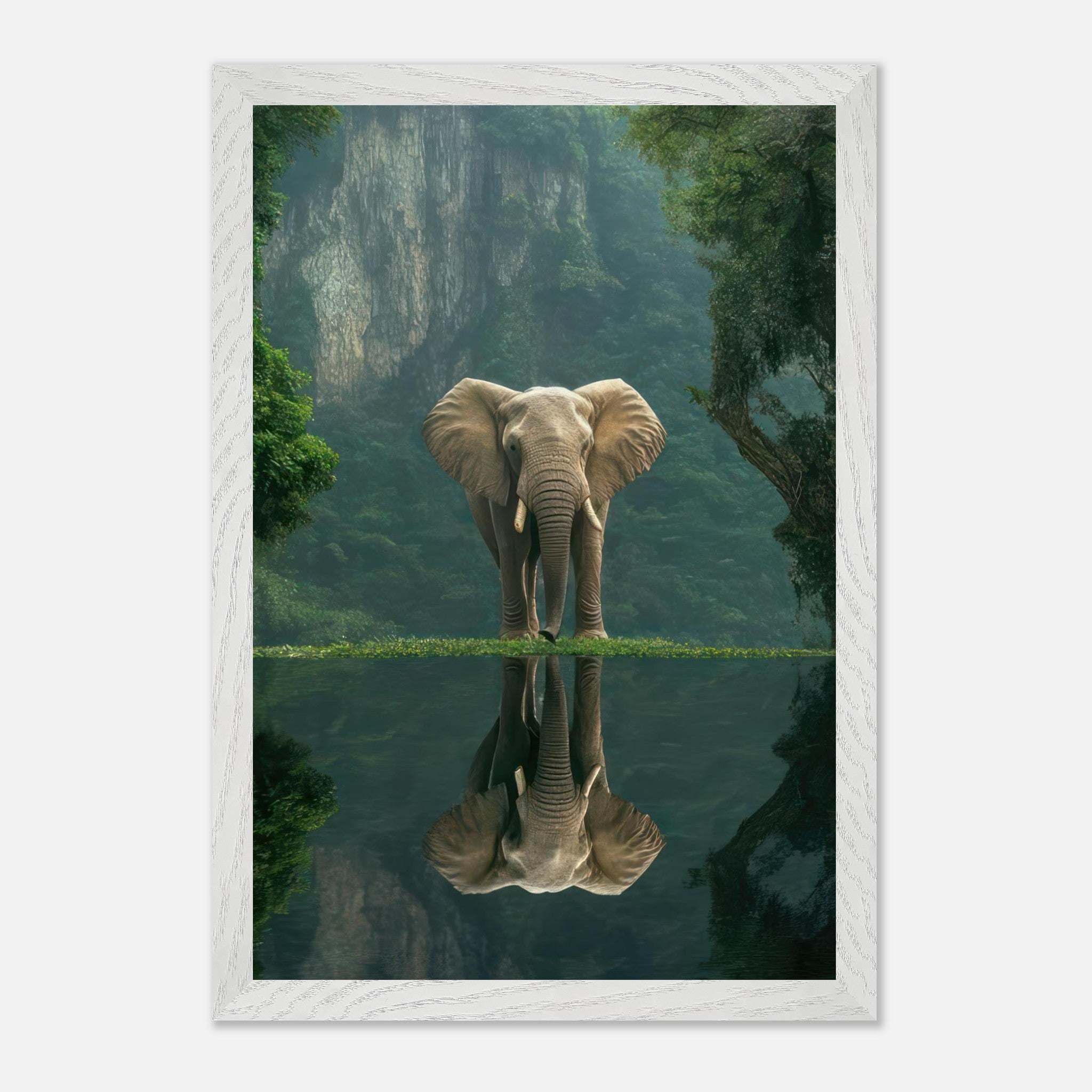 Majestic jungle elephant portrait reflecting in tranquil water surrounded by lush greenery, highlighting fine art quality.