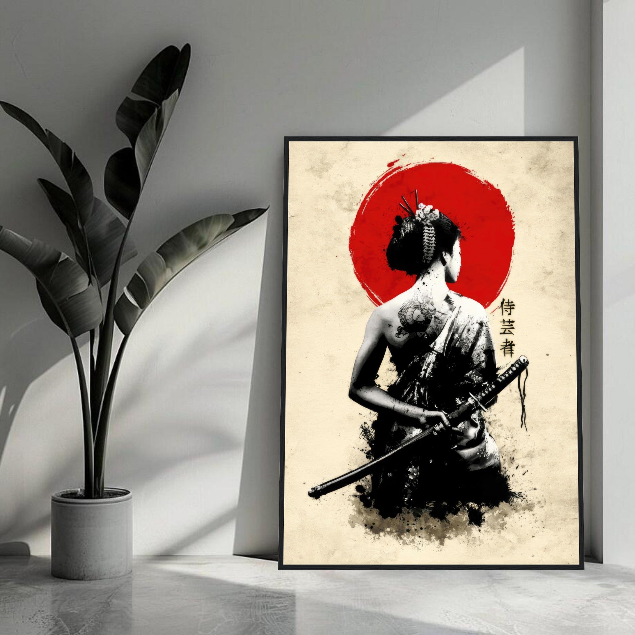 The Samurai Geisha framed print featuring a geisha with a katana against a red sun backdrop.