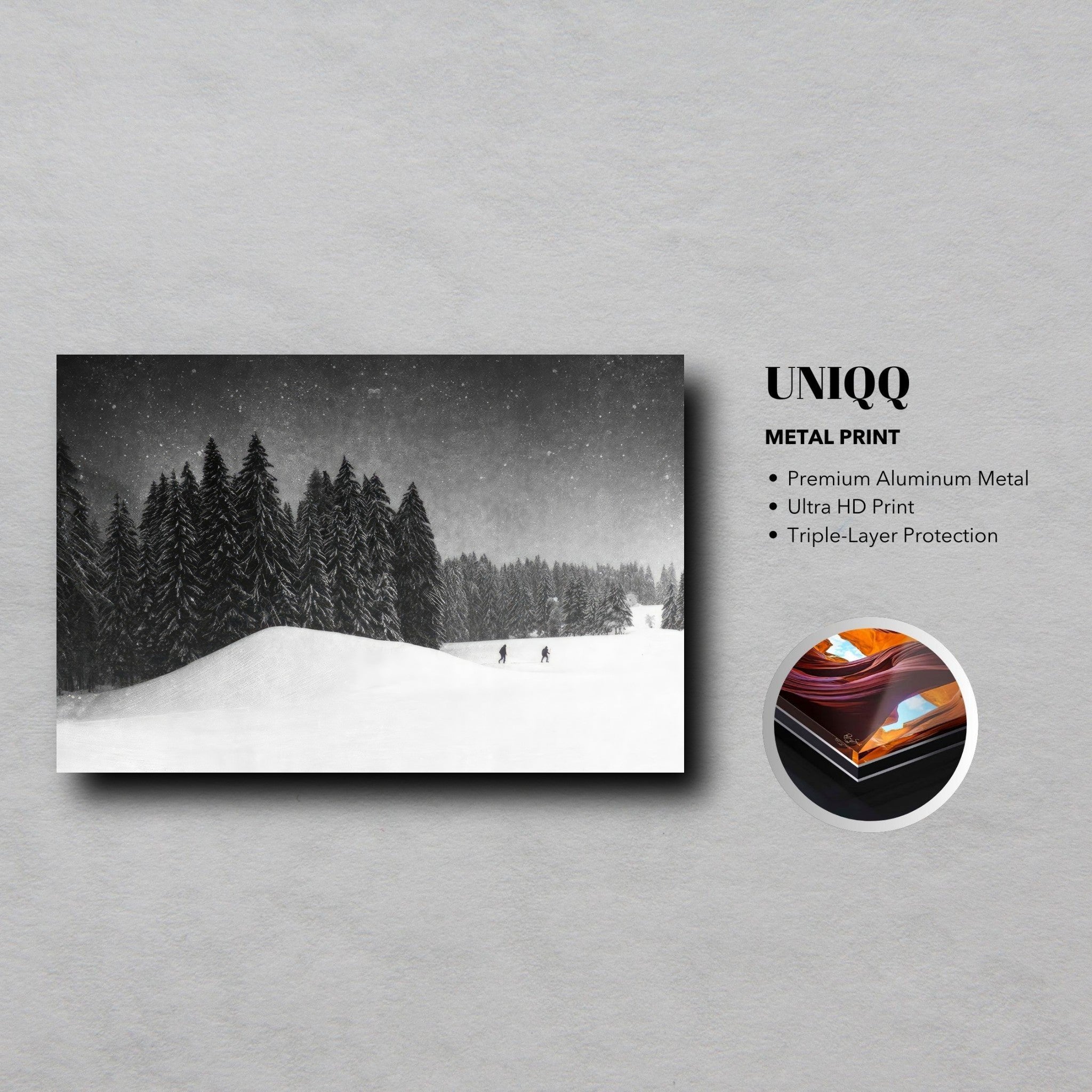 Winter Crossing metal print featuring serene snowy landscape with figures crossing a snow-covered field.