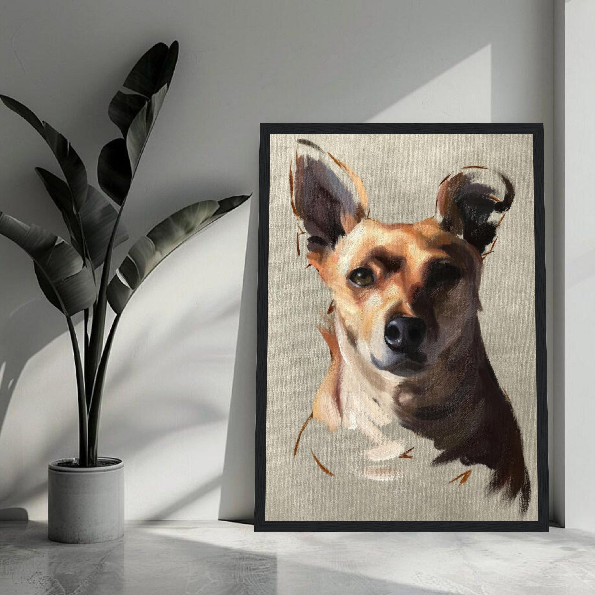 Chihuahua dog painting framed print showcasing expressive brushstrokes and warm colors, perfect for dog lovers.