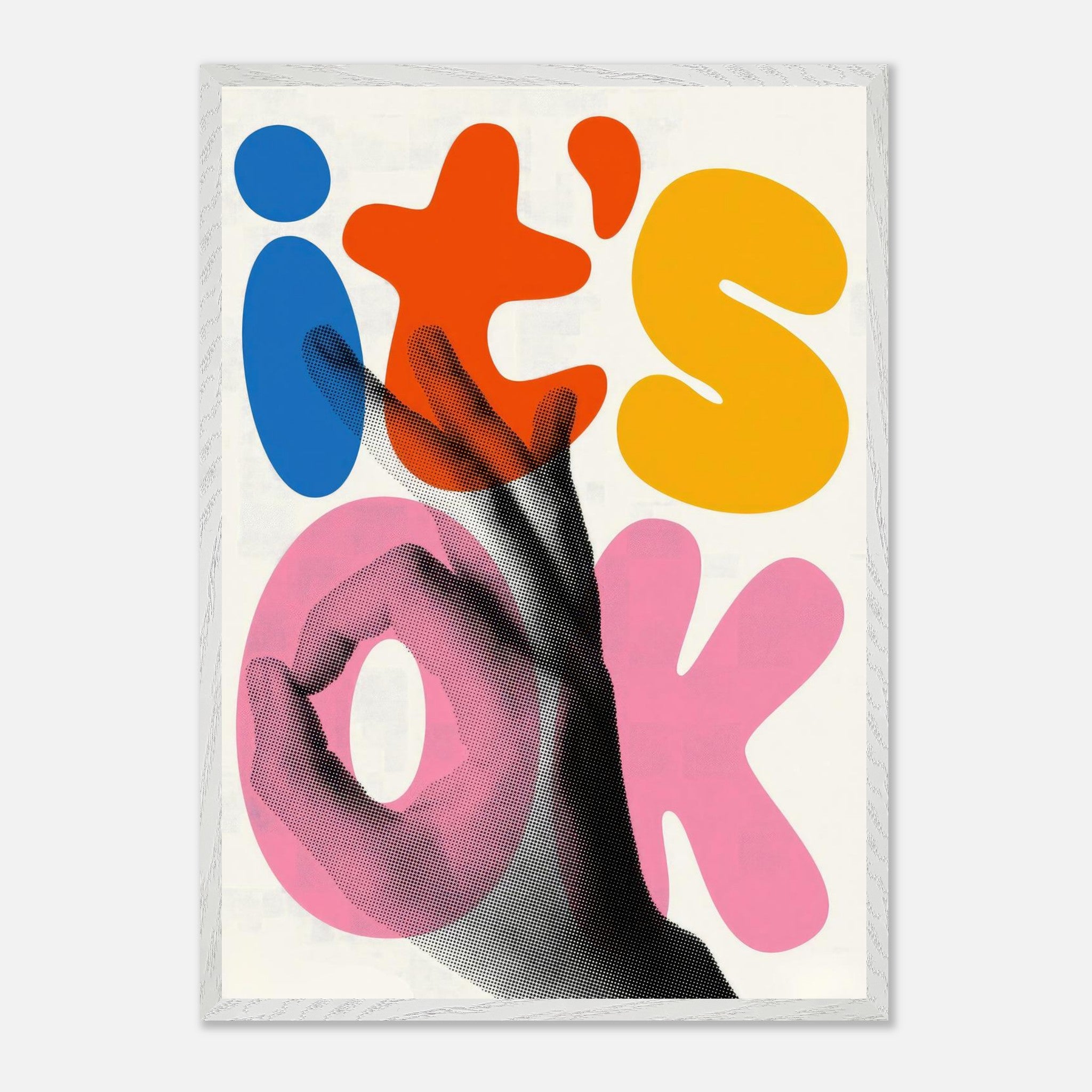 Retro abstract pop art print with vibrant colors and hand gesture, featuring bold typography saying 'it's OK'.