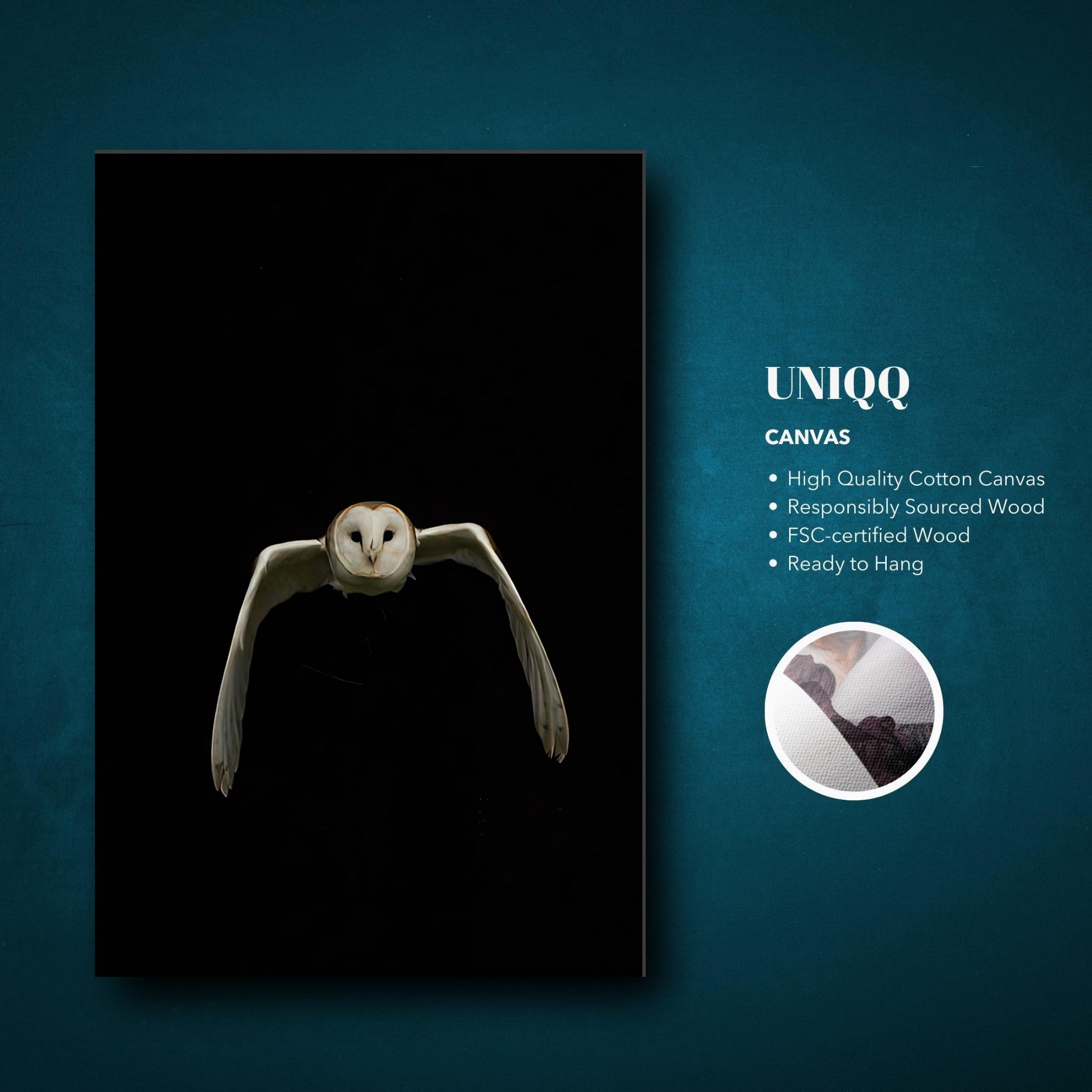 Owl canvas artwork showcasing a flying owl against a black background, perfect for nature lovers.