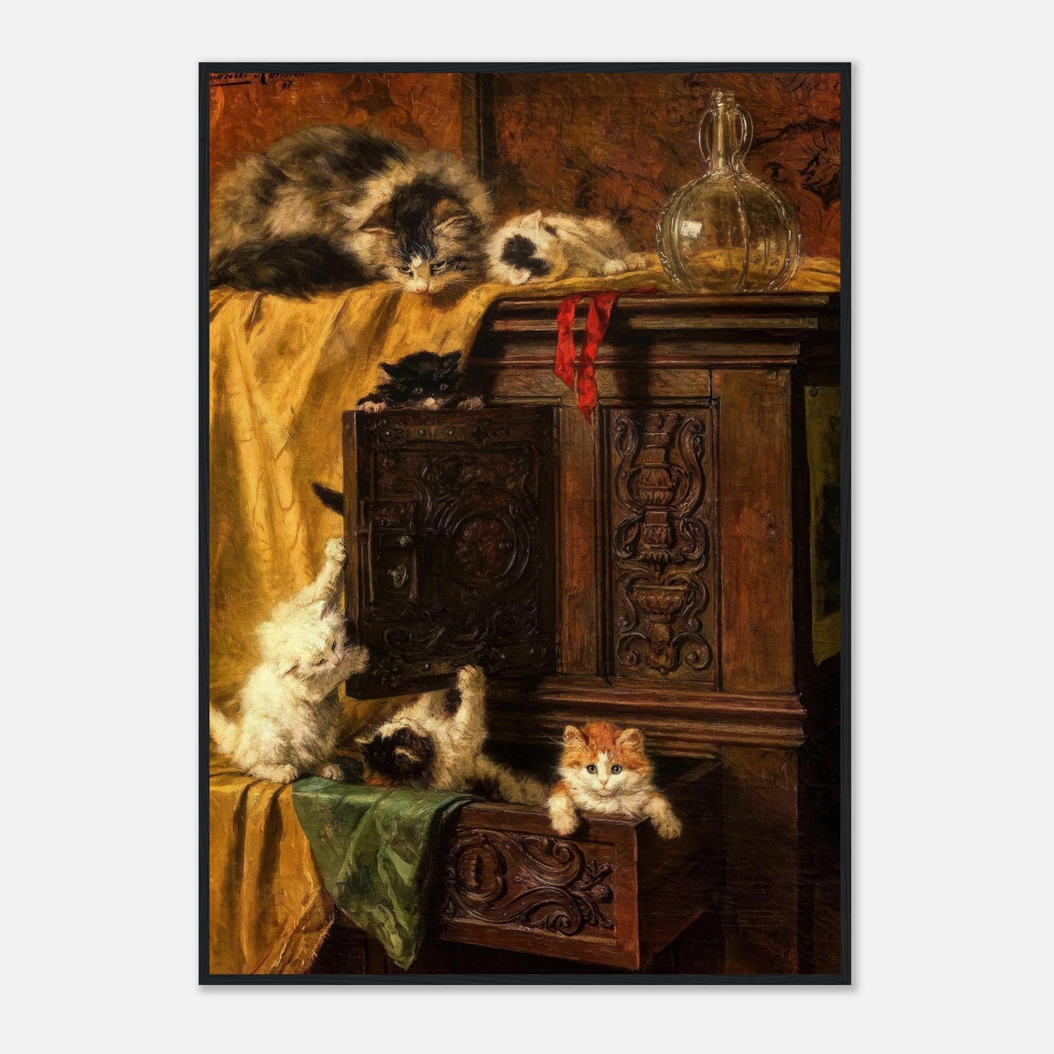 Vintage Cat Painting Framed Print featuring playful kittens exploring an antique cabinet.