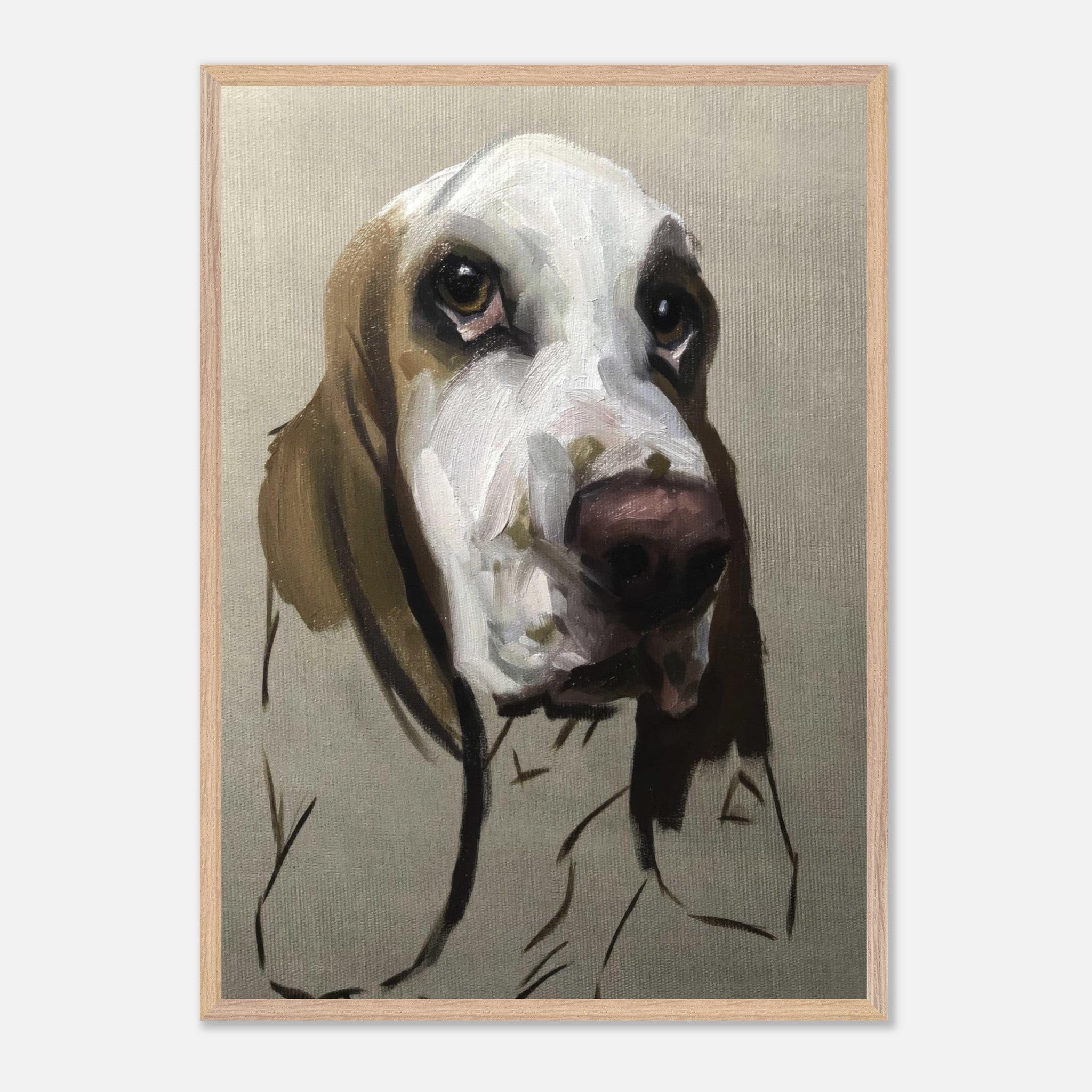 Basset Hound dog painting, museum quality fine art, capturing soulful expression and detail.