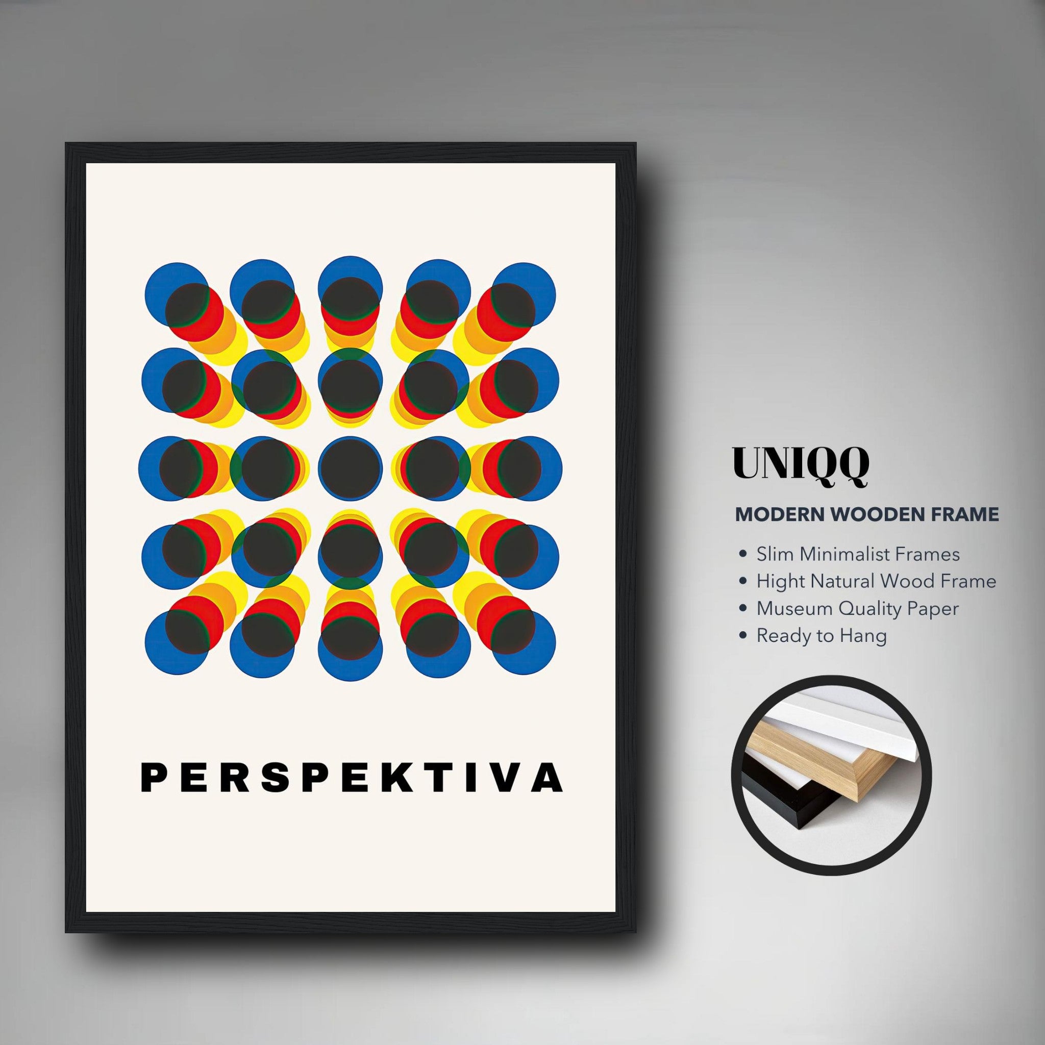 Framed Perspective Abstract Art print featuring vibrant geometric patterns in blue, red, and yellow.