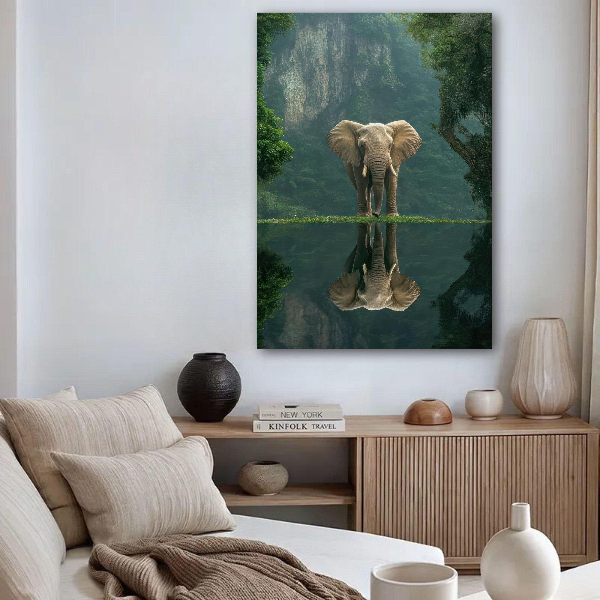 Jungle Elephant Portrait poster showcasing an elephant reflected in water surrounded by lush greenery.