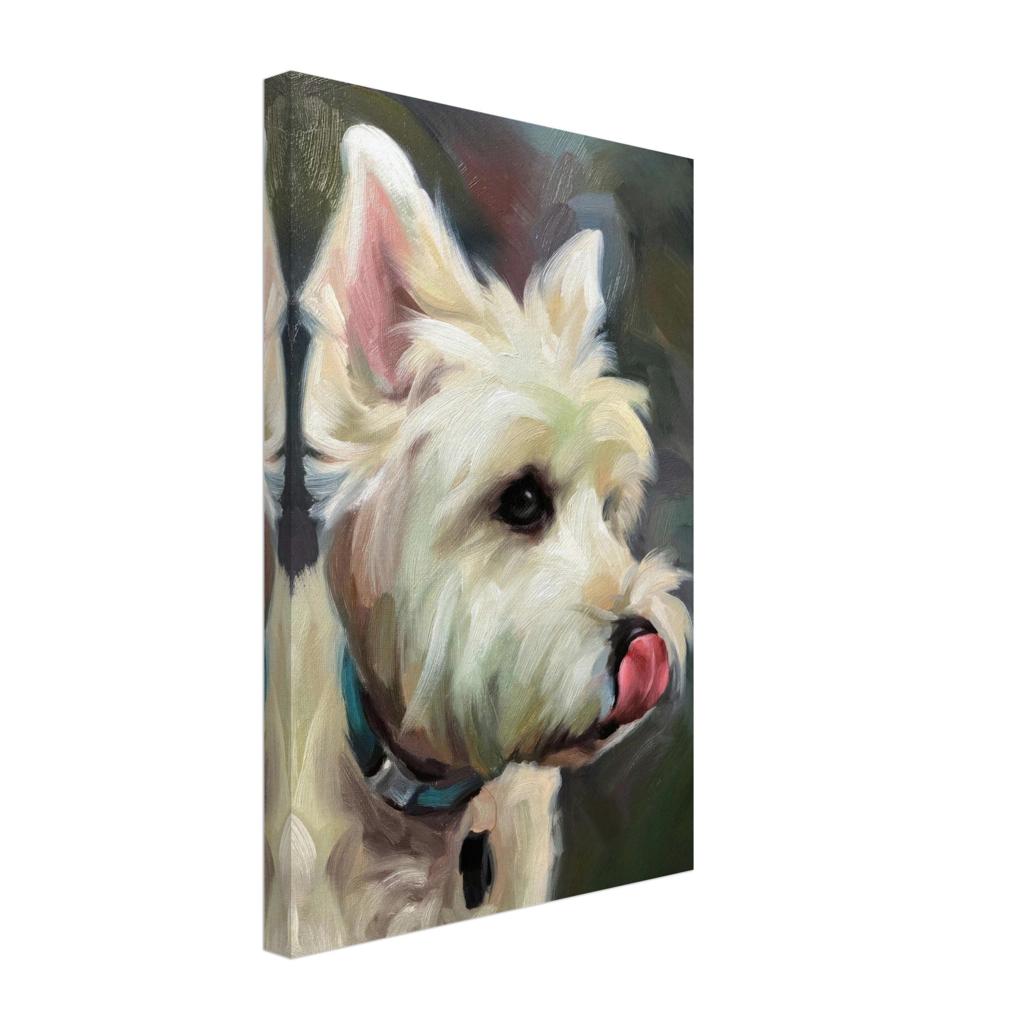 Westie Dog Painting canvas print featuring a playful West Highland White Terrier with an adorable tongue-out pose.