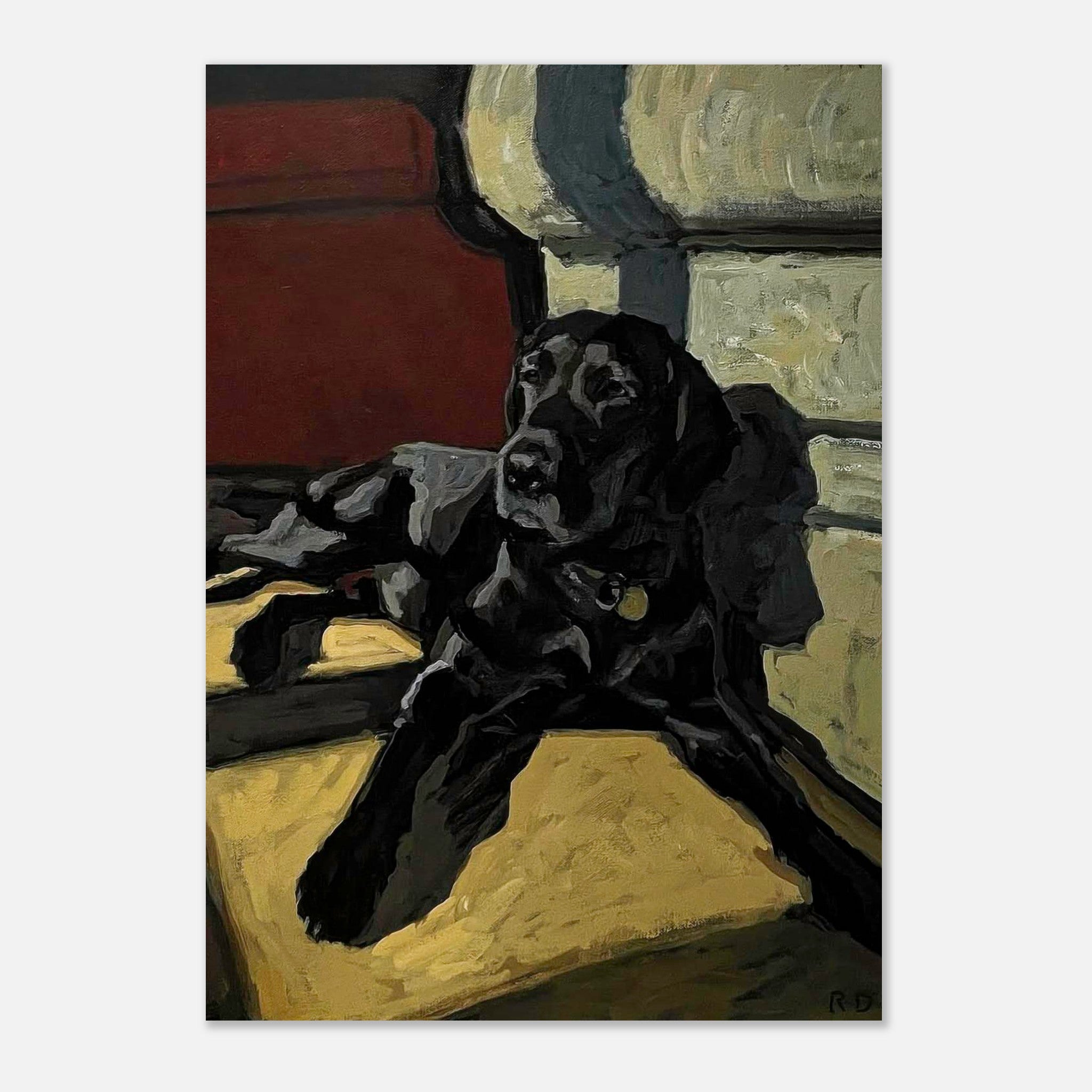 Black Labrador dog painting poster featuring a relaxed Labrador in warm tones, enhancing home decor for dog lovers.