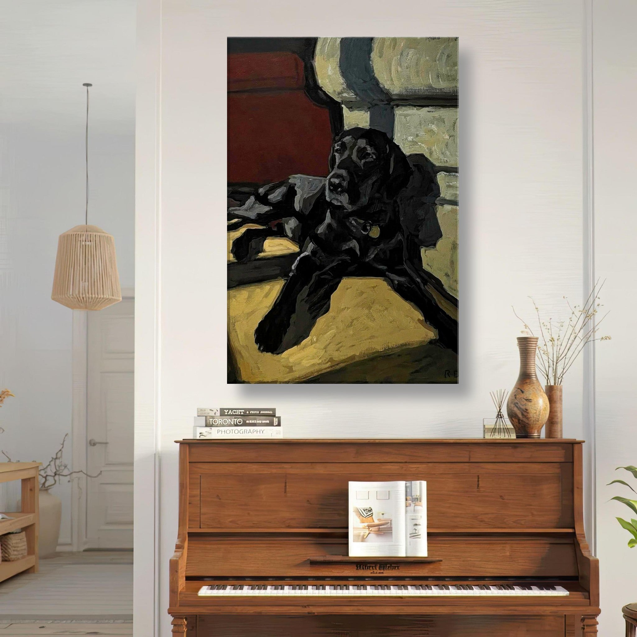 Black Labrador dog painting canvas print showcasing a relaxed black lab in a stylish home setting.