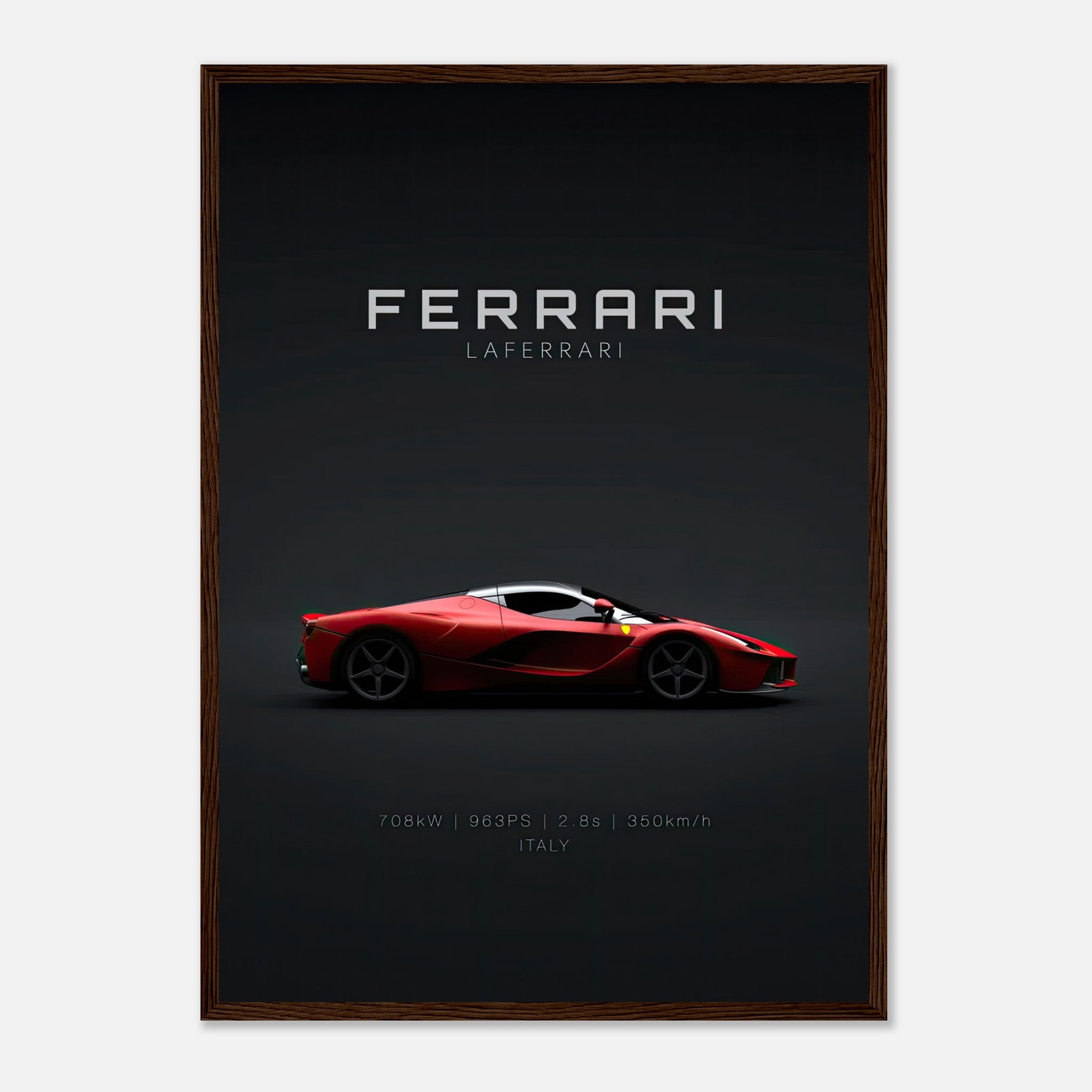 Ferrari Laferrari framed poster featuring the iconic hypercar in red with minimalist design on a dark background.