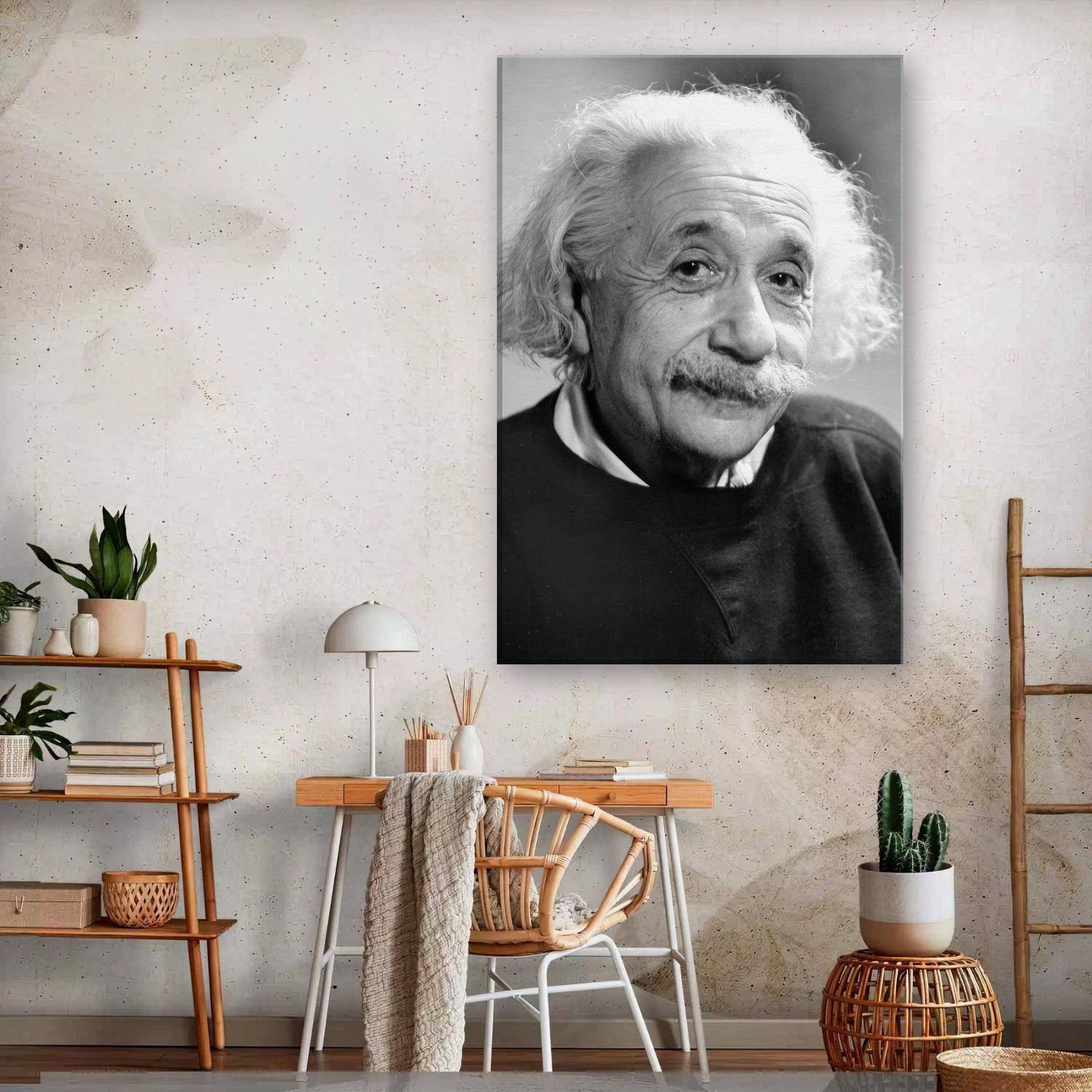 Black and white canvas print of Albert Einstein, showcasing his iconic wisdom and curiosity in a stylish room setting.