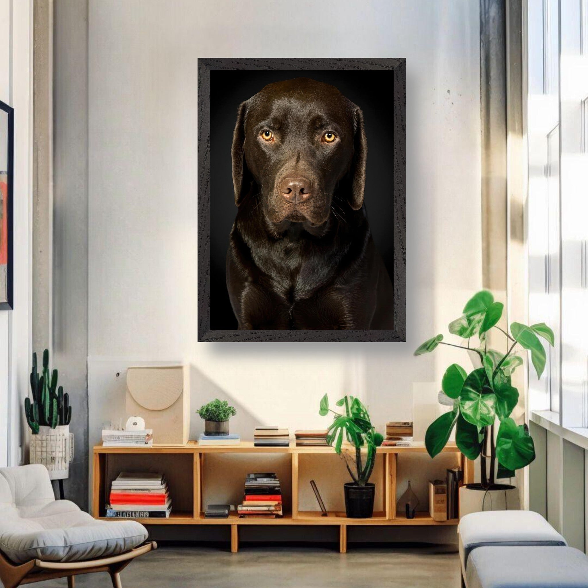 Chocolate Labrador portrait in vintage frame, showcasing soulful gaze in stylish home decor.