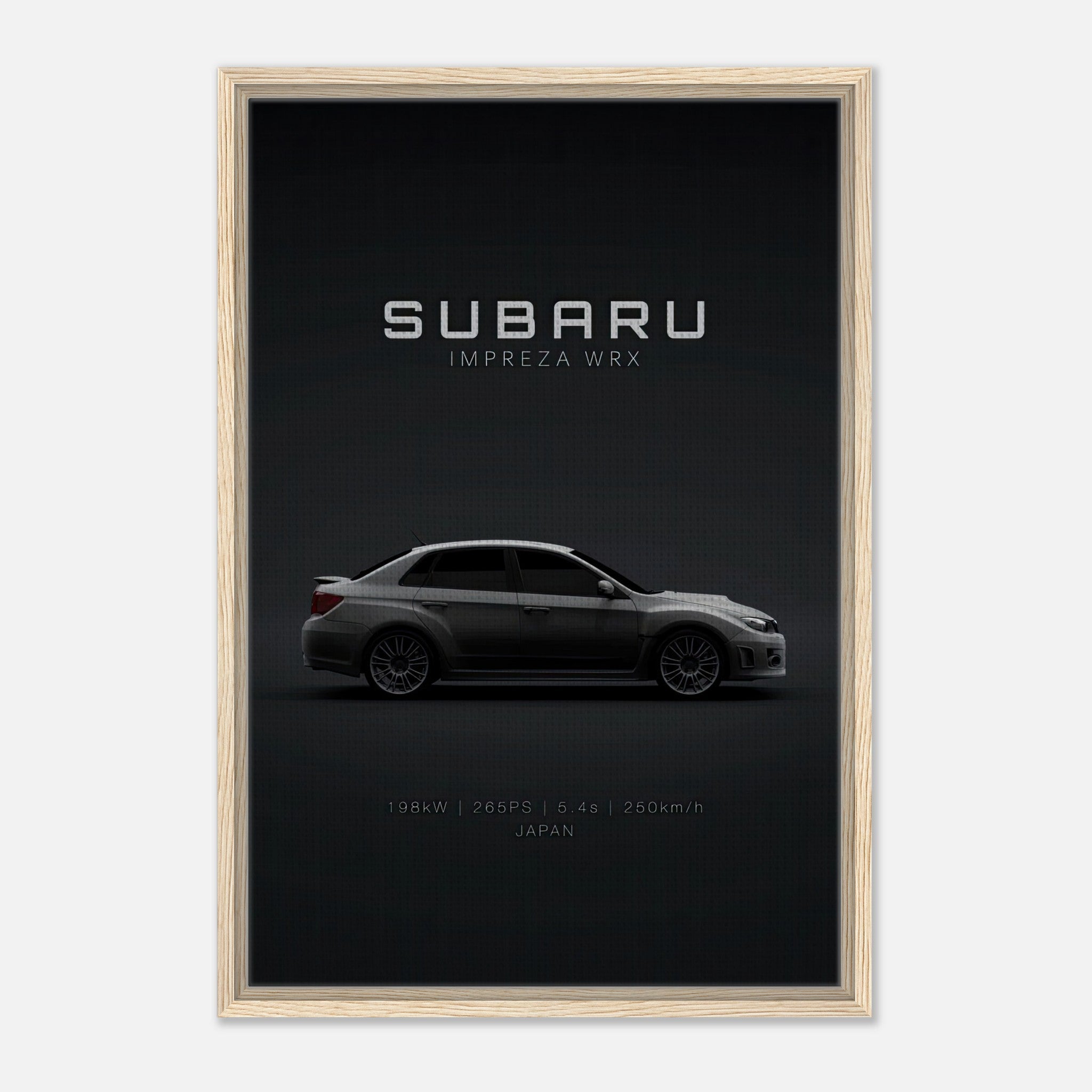 Subaru WRX framed canvas featuring sleek profile, specs 198kW, 265PS, 0-100km/h, elegant minimalist design.