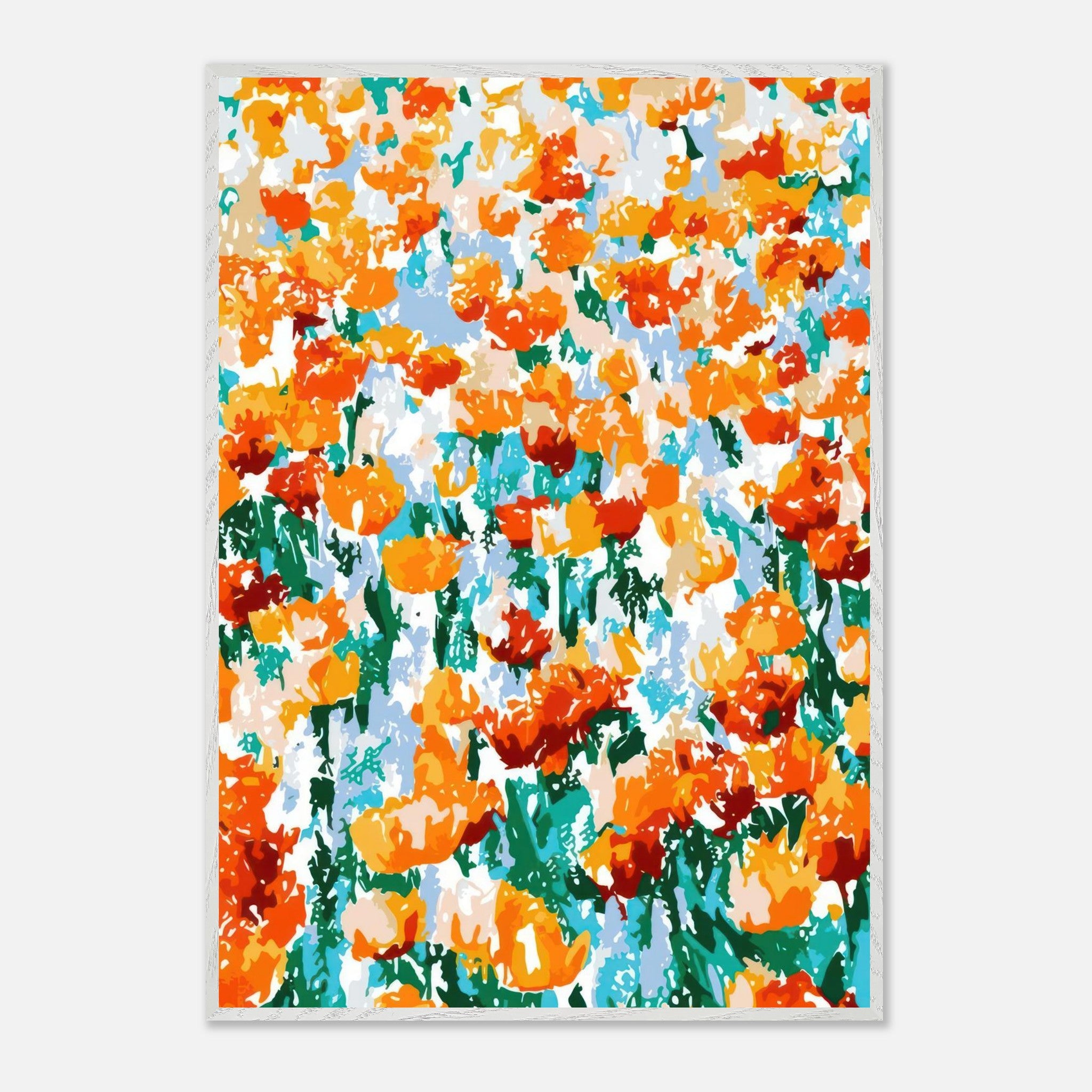Vibrant abstract floral tulip garden art with bold orange and red colors, capturing the beauty of spring blooms.