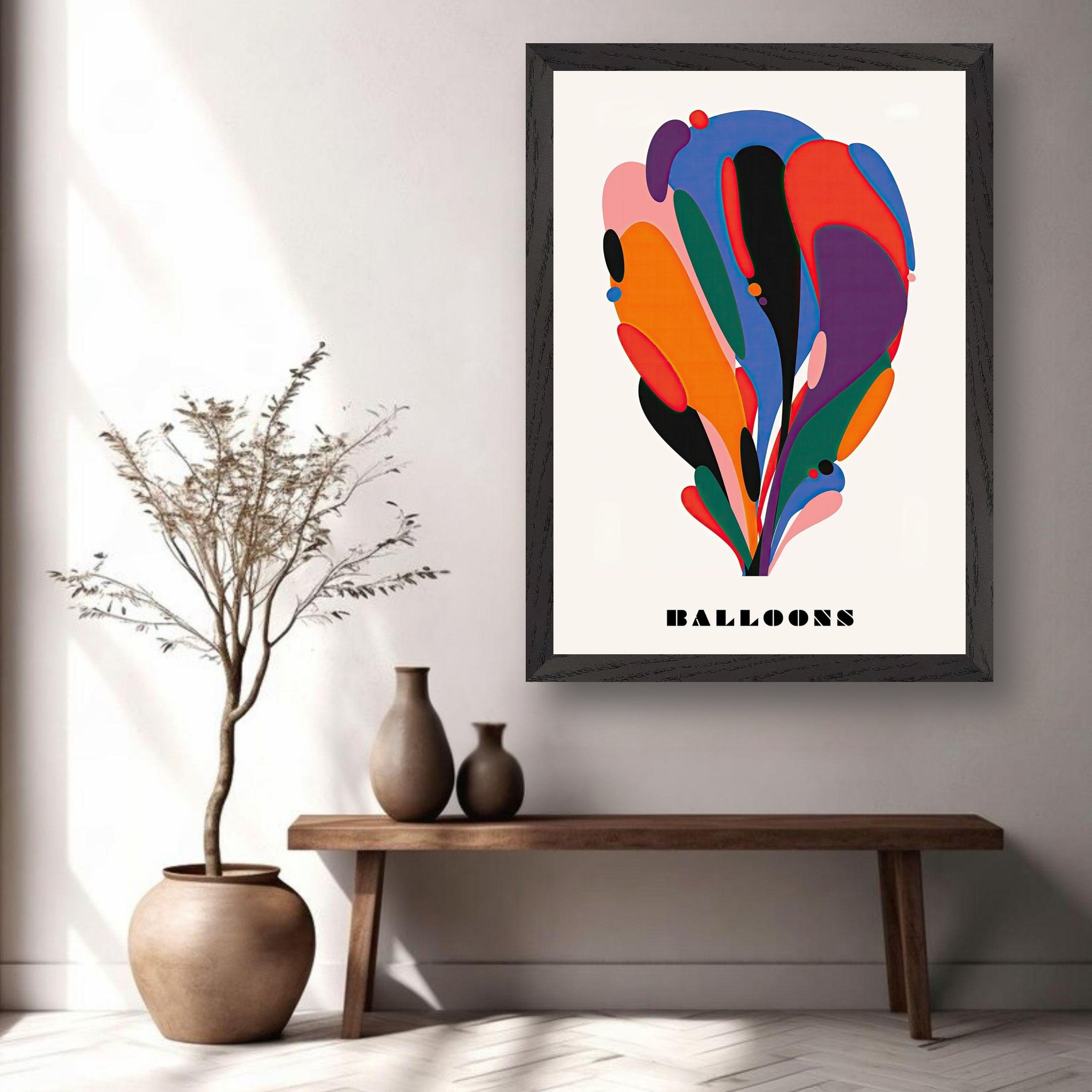 Abstract Balloon Art Vintage Framed Print showcasing vibrant colors and fluid shapes in a modern living space.