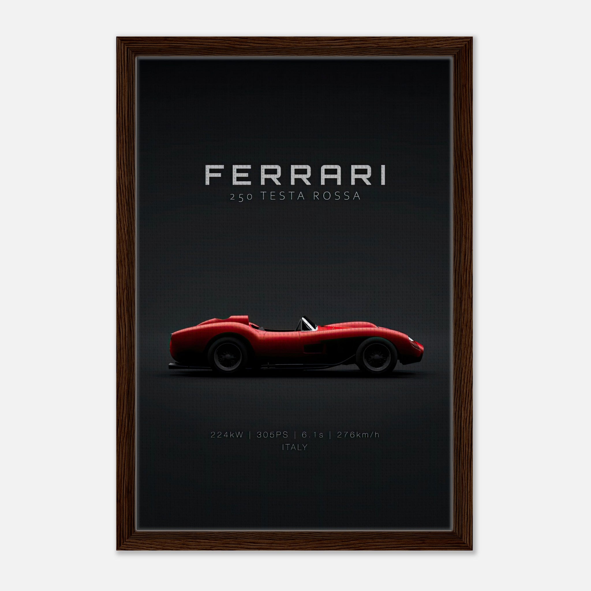 Ferrari 250 Testa Rossa framed canvas print showcasing iconic red race car on minimalist black background.