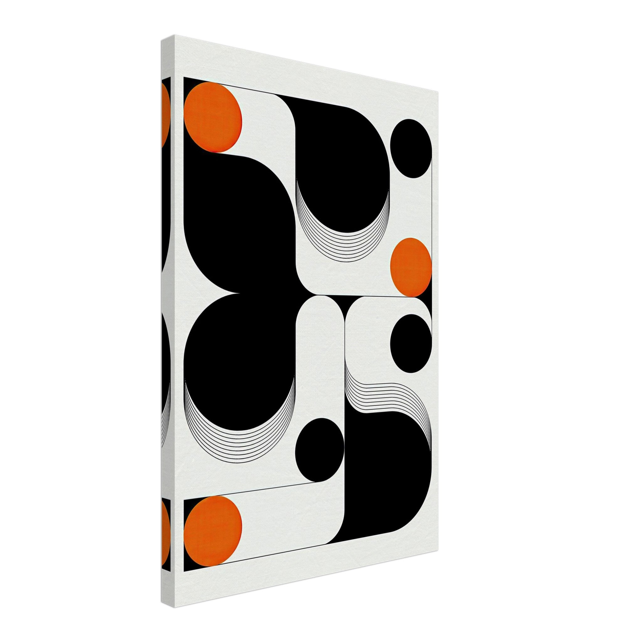 Modern geometric abstract art canvas print featuring bold black and white shapes with vibrant orange accents.