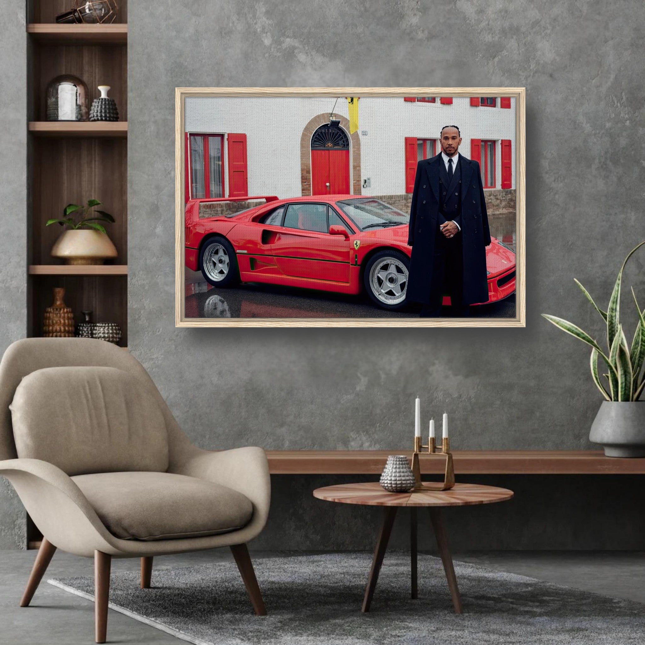 Lewis Hamilton beside Ferrari F40 in framed canvas print, showcasing automotive legacy and style.