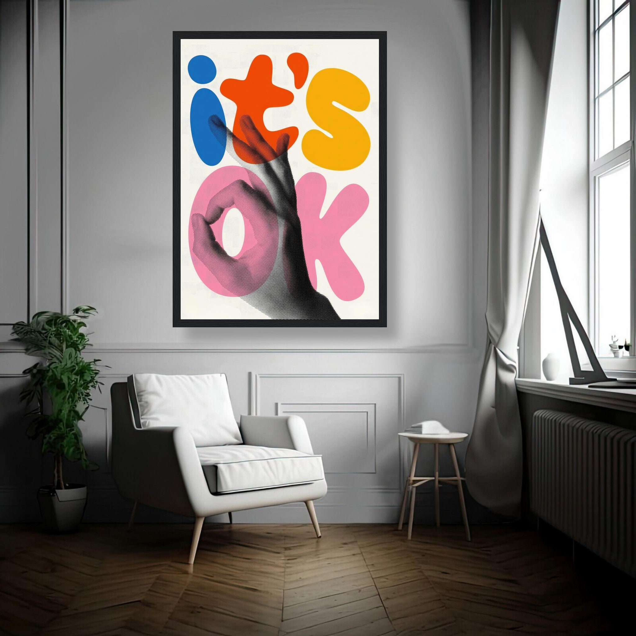 Framed print of retro abstract pop art featuring a hand gesture and vibrant typography 'It's OK' in a stylish living room.