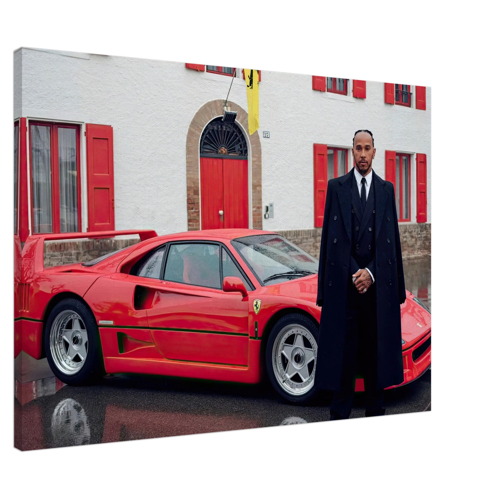Lewis Hamilton standing beside a Ferrari F40, capturing a historic motorsport moment in vibrant canvas art.
