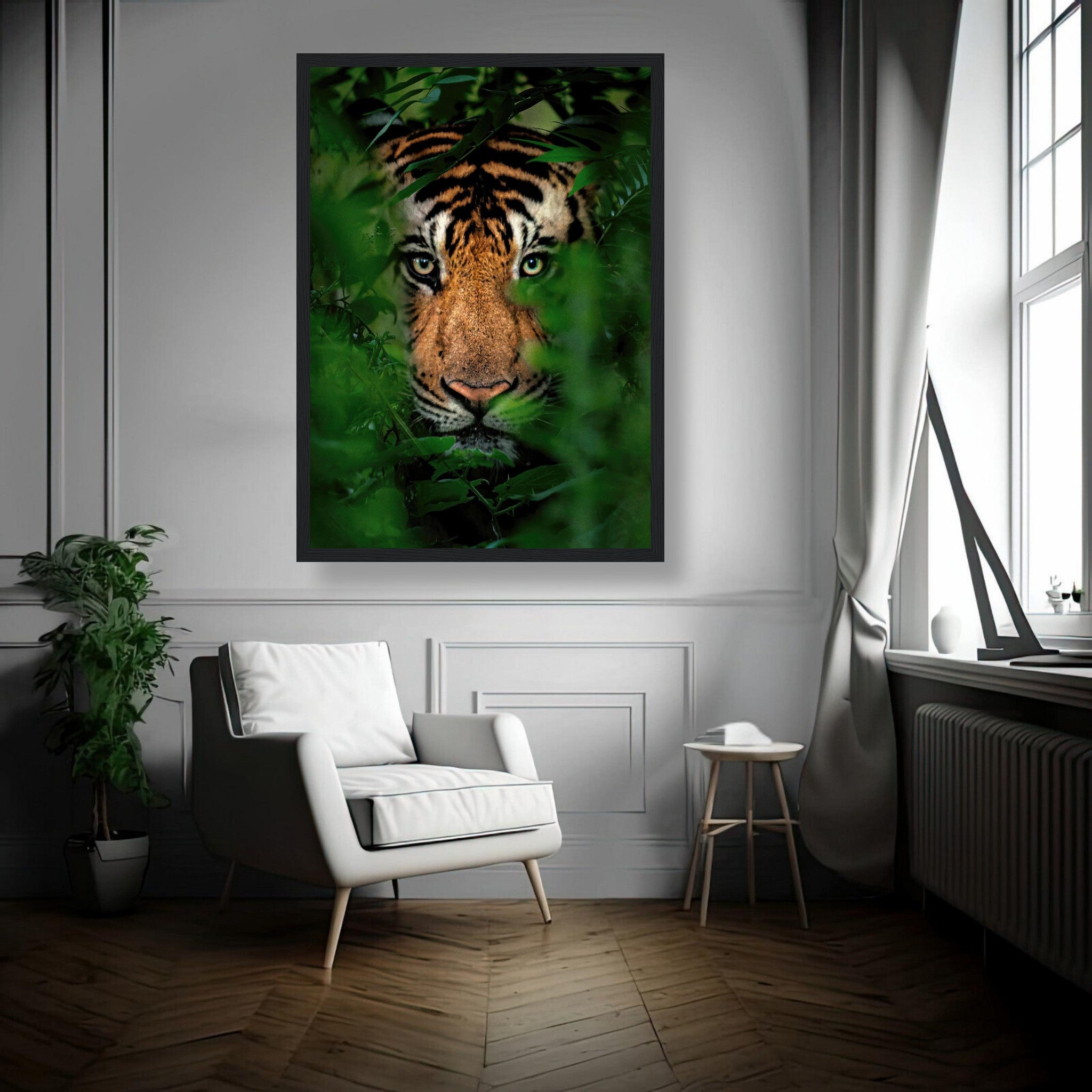 Tiger Through Jungle Framed Print showcasing a majestic tiger hidden among lush green foliage in a modern living room.