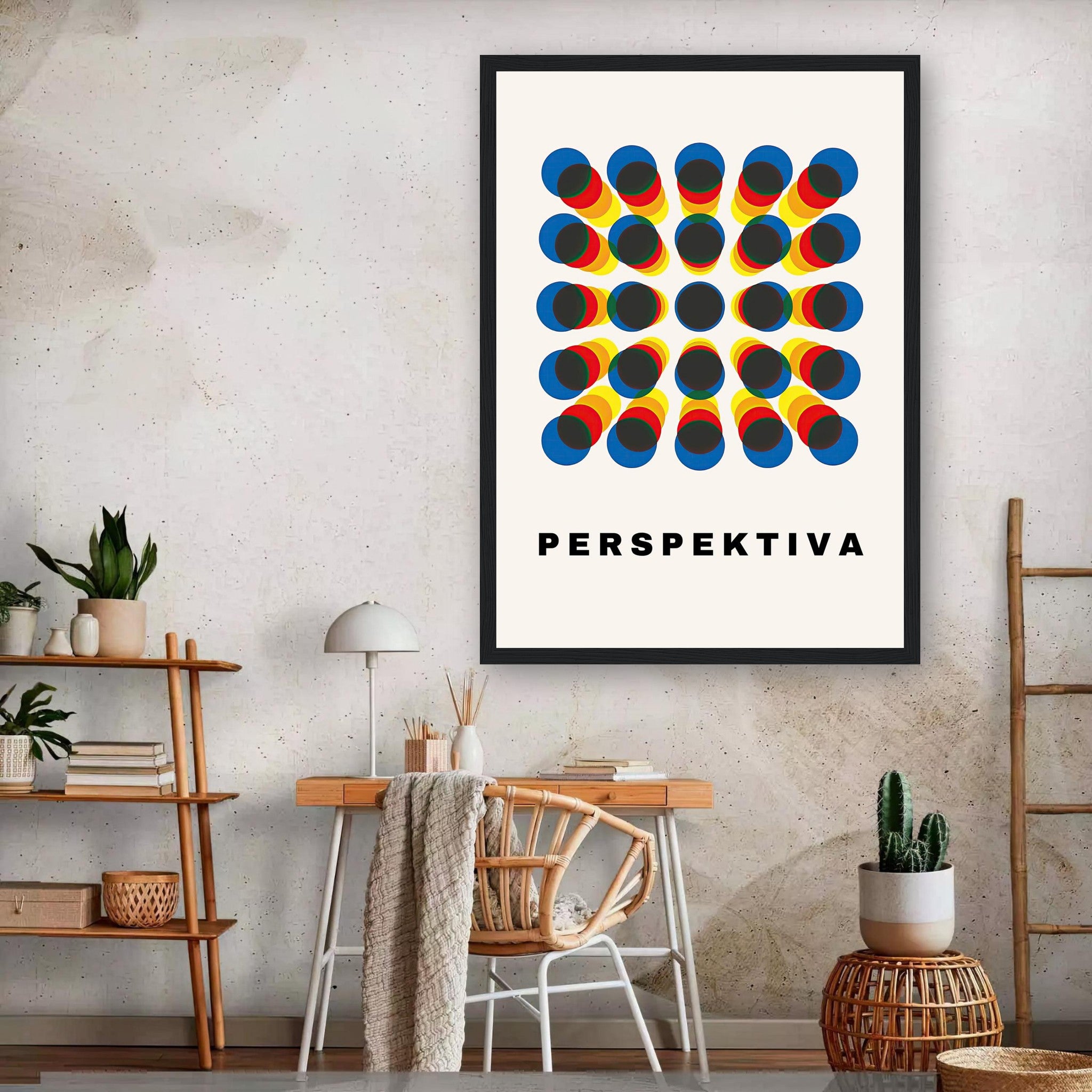 Framed Perspective Abstract Art print featuring geometric patterns and vibrant colors, ideal for contemporary decor.