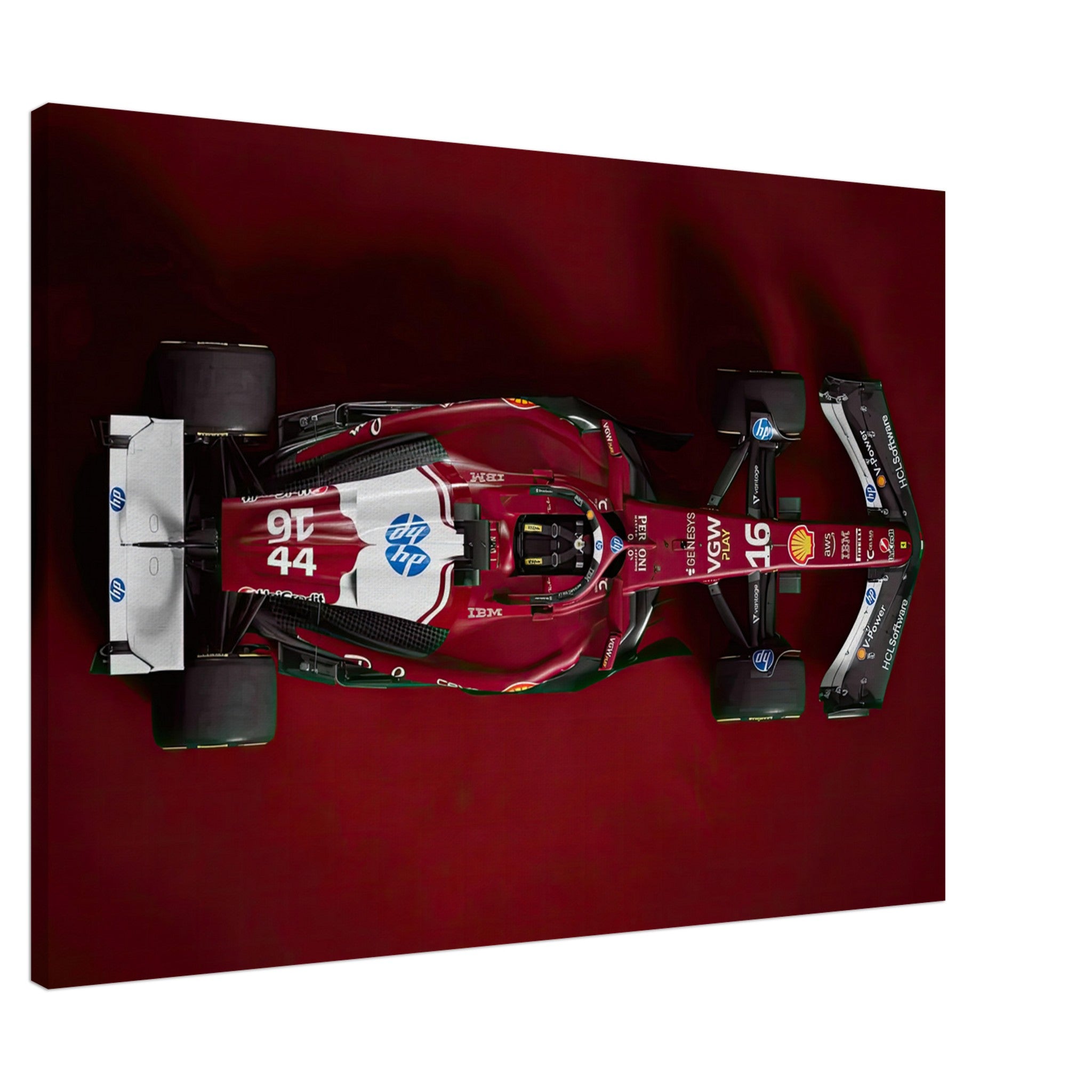 Ferrari F1 2025 canvas print showcasing sleek race car design from a top-down view, in bold red livery.