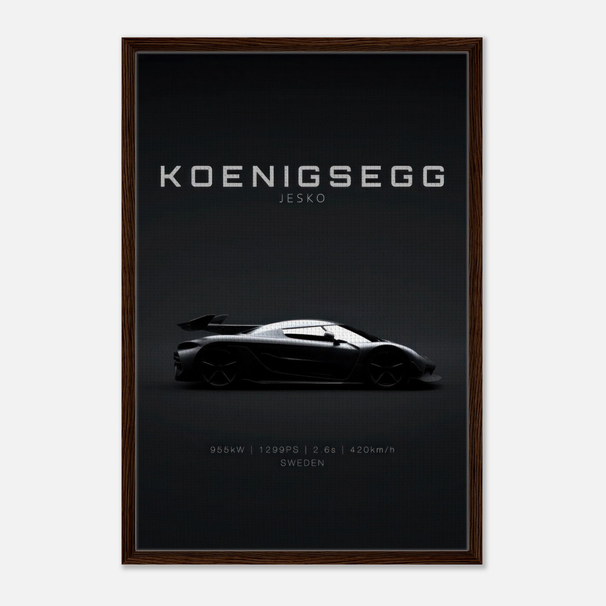Koenigsegg Jesko framed canvas print showcasing sleek silhouette on minimalist black background.